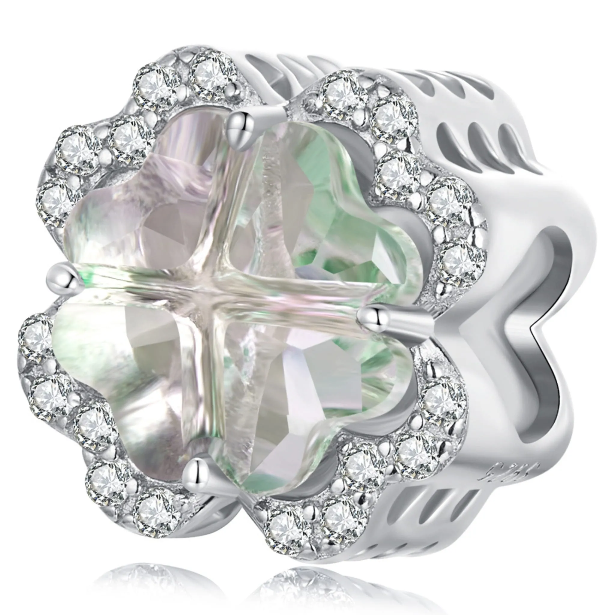 Kryształowa czterolistna koniczynka z grawerem srebrny charms koralik beads