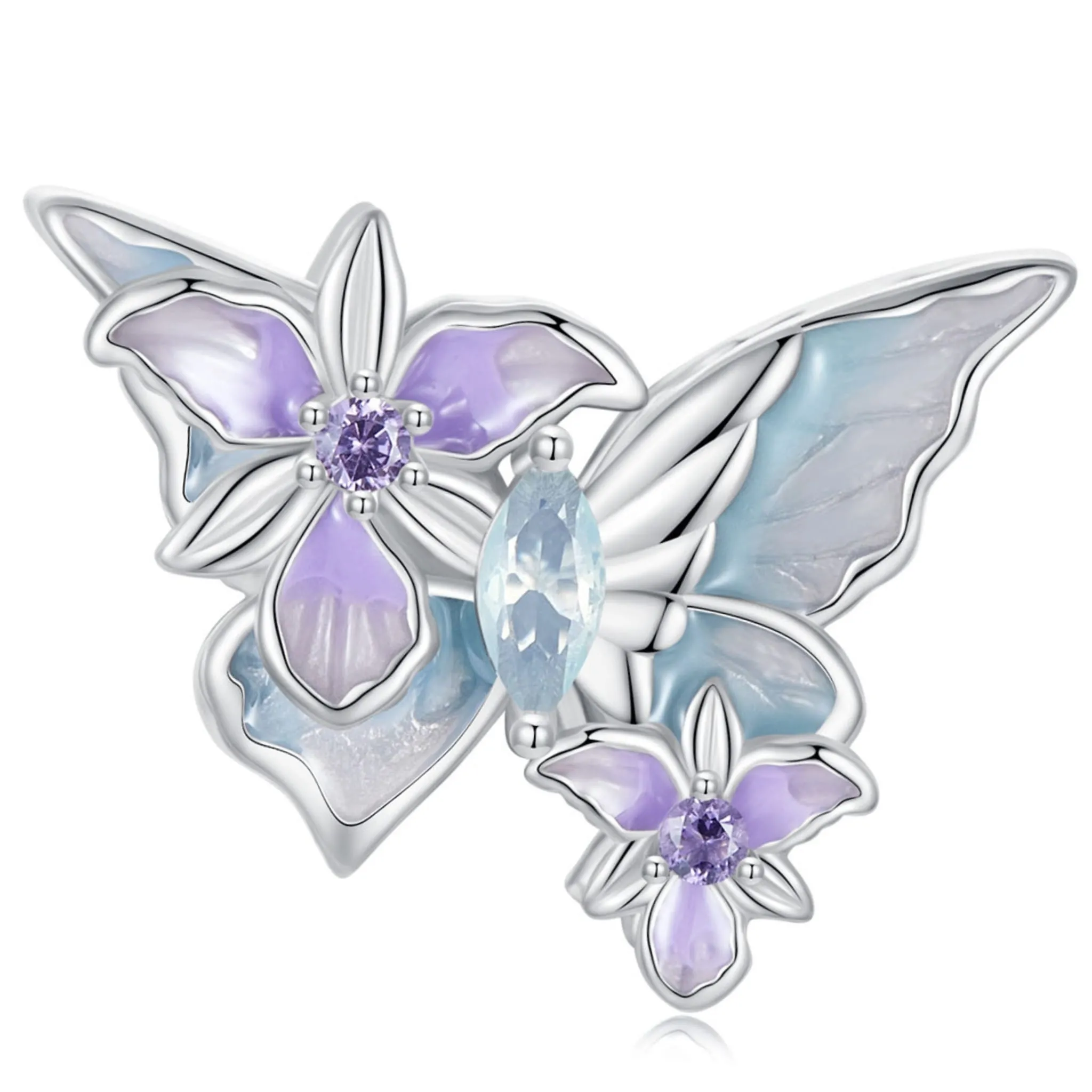Niebieski motyl z fioletowymi irysami srebrny charms koralik beads