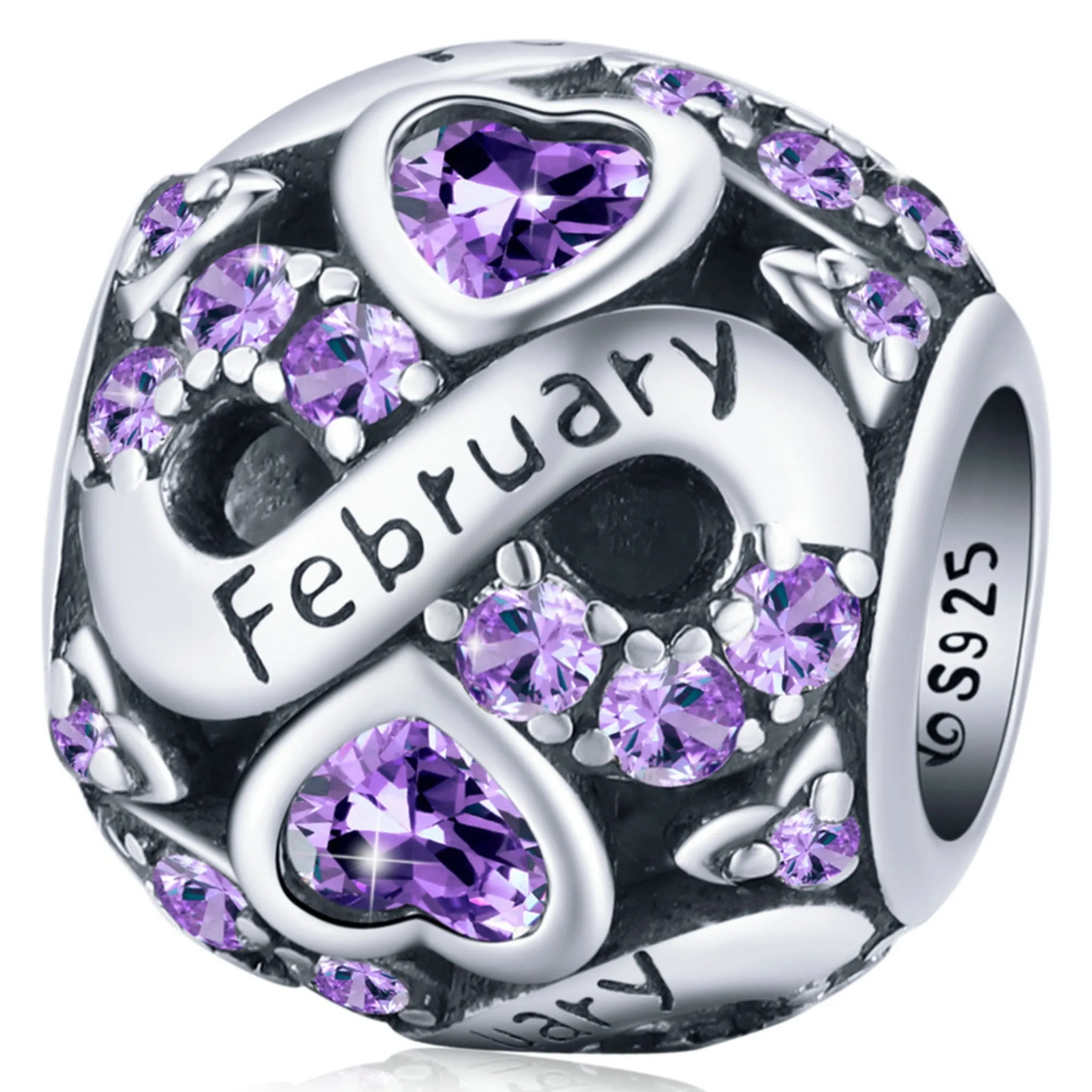 Srebrny charms koralik miesiąc Luty z kryształkami beads srebro 925