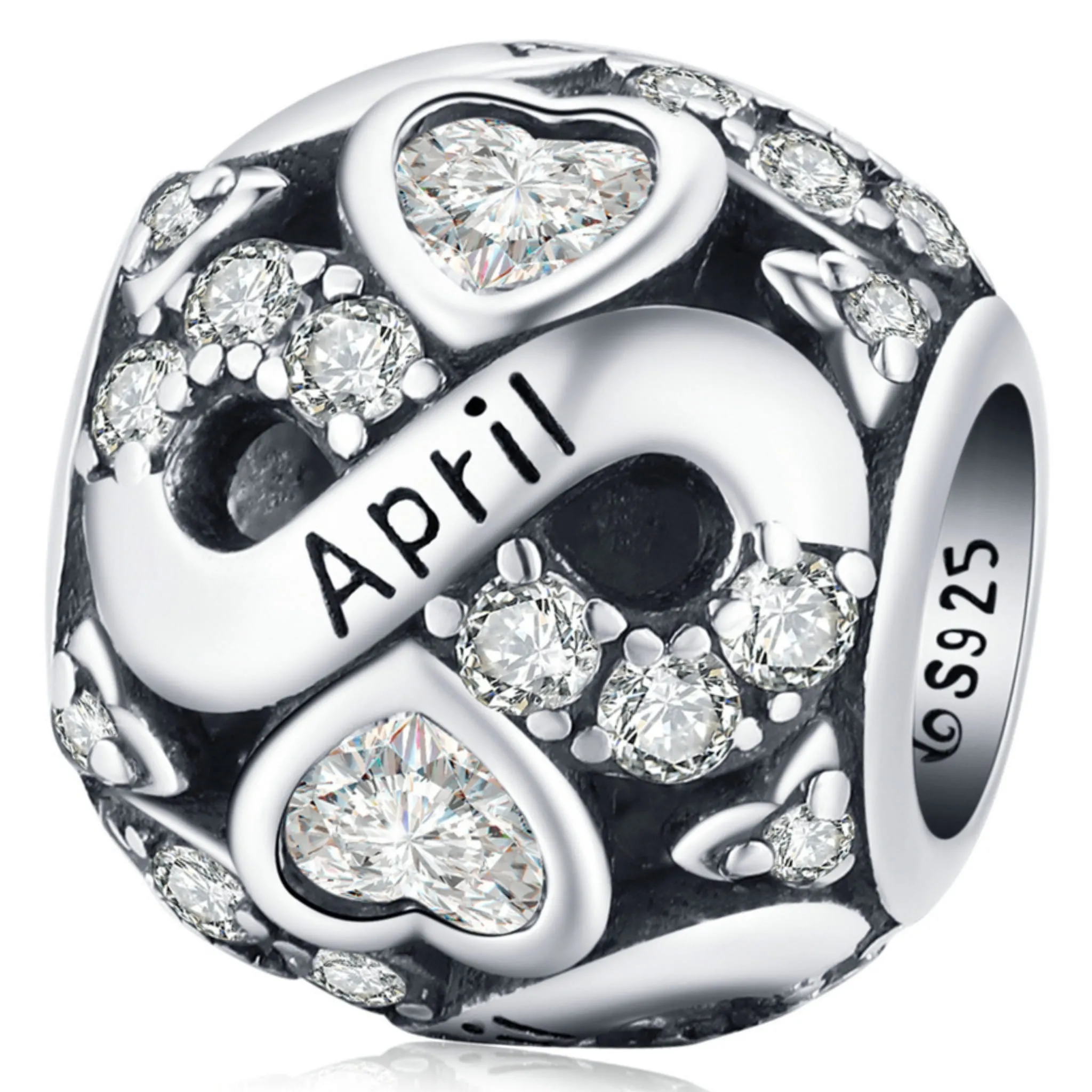 Srebrny charms koralik miesiąc Kwiecień z kryształkami beads srebro 925