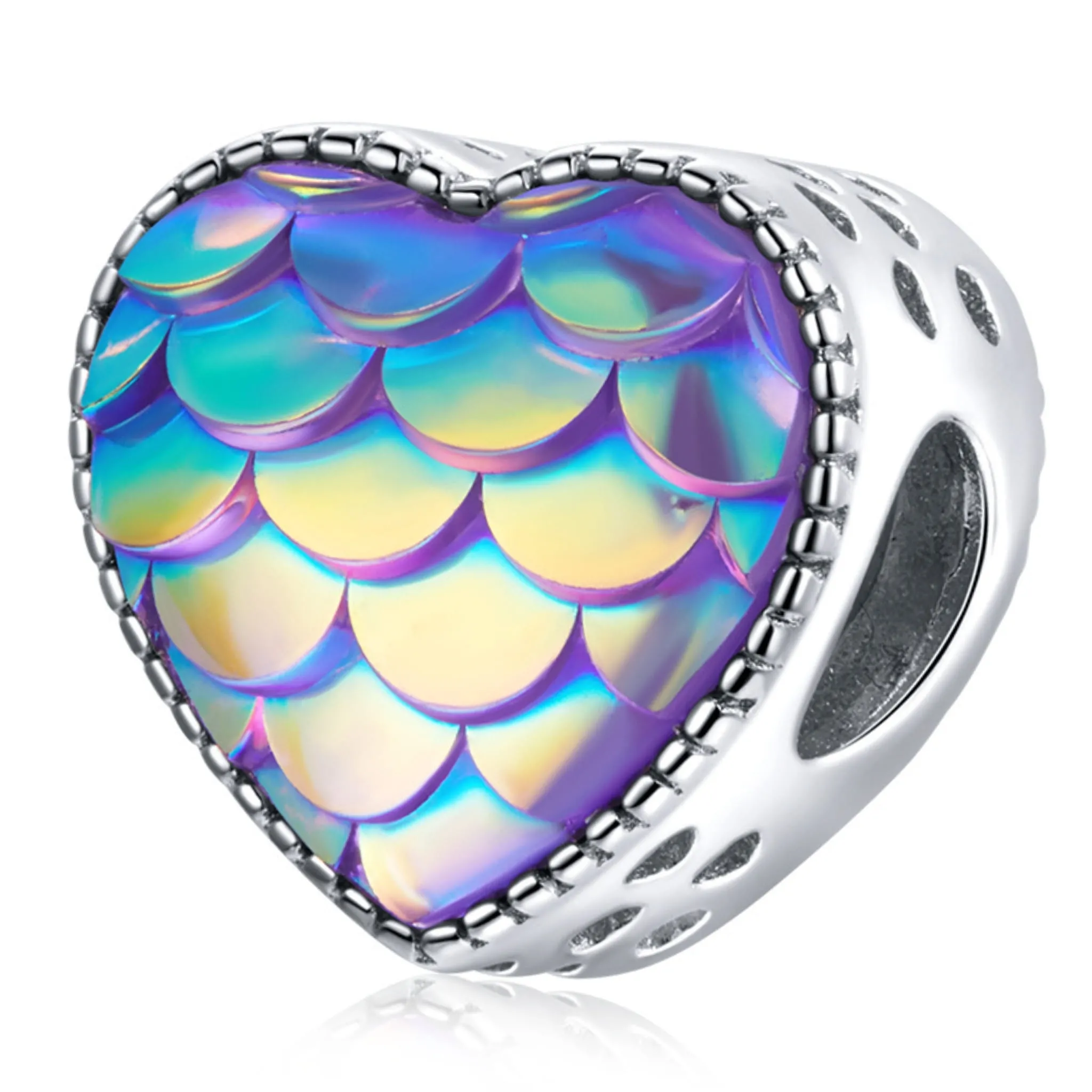 Opalizujące serce z łusek srebrny koralik charms srebro 925 beads