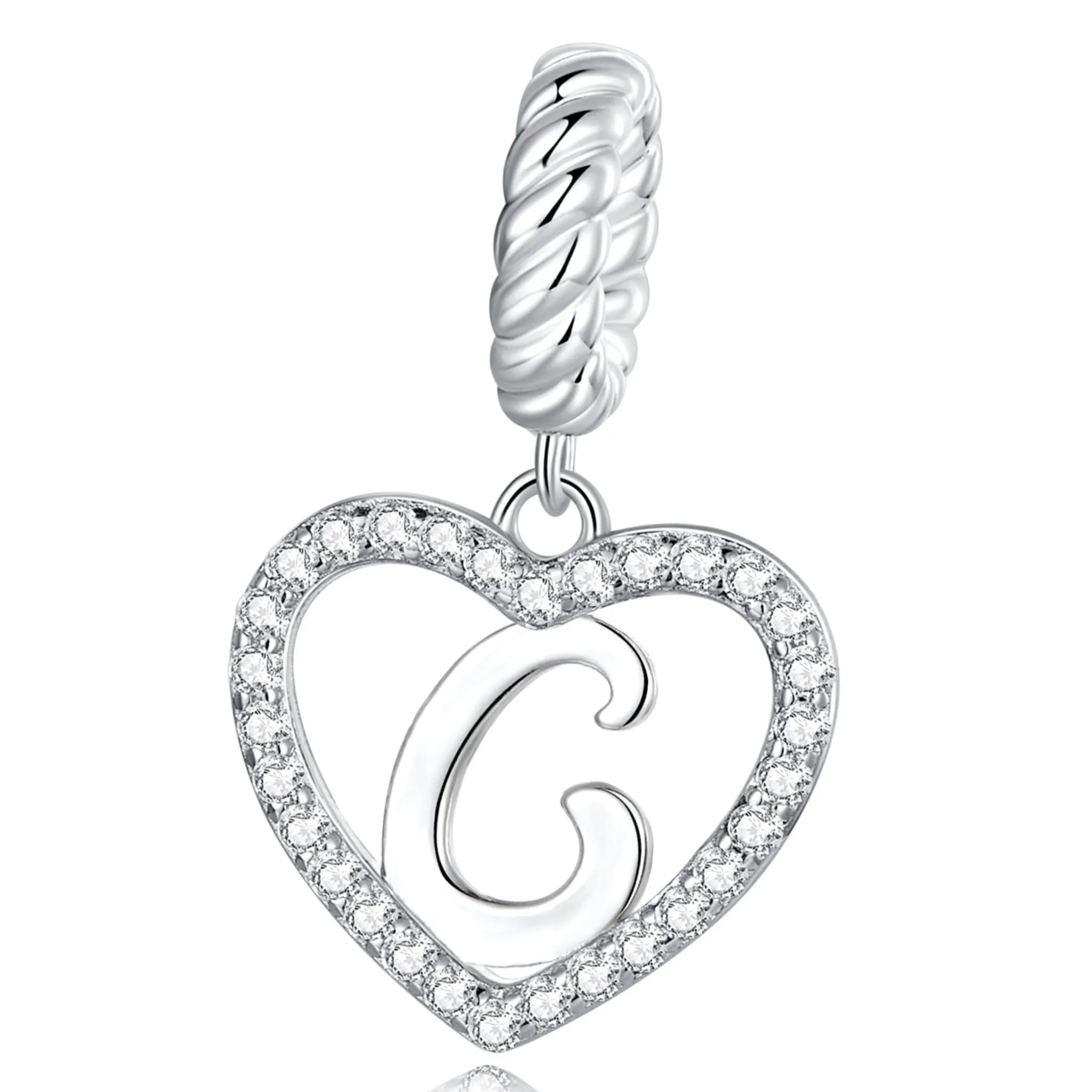 Literka C w serduszku alfabet srebrny charms zawieszka do bransoletki modułowej