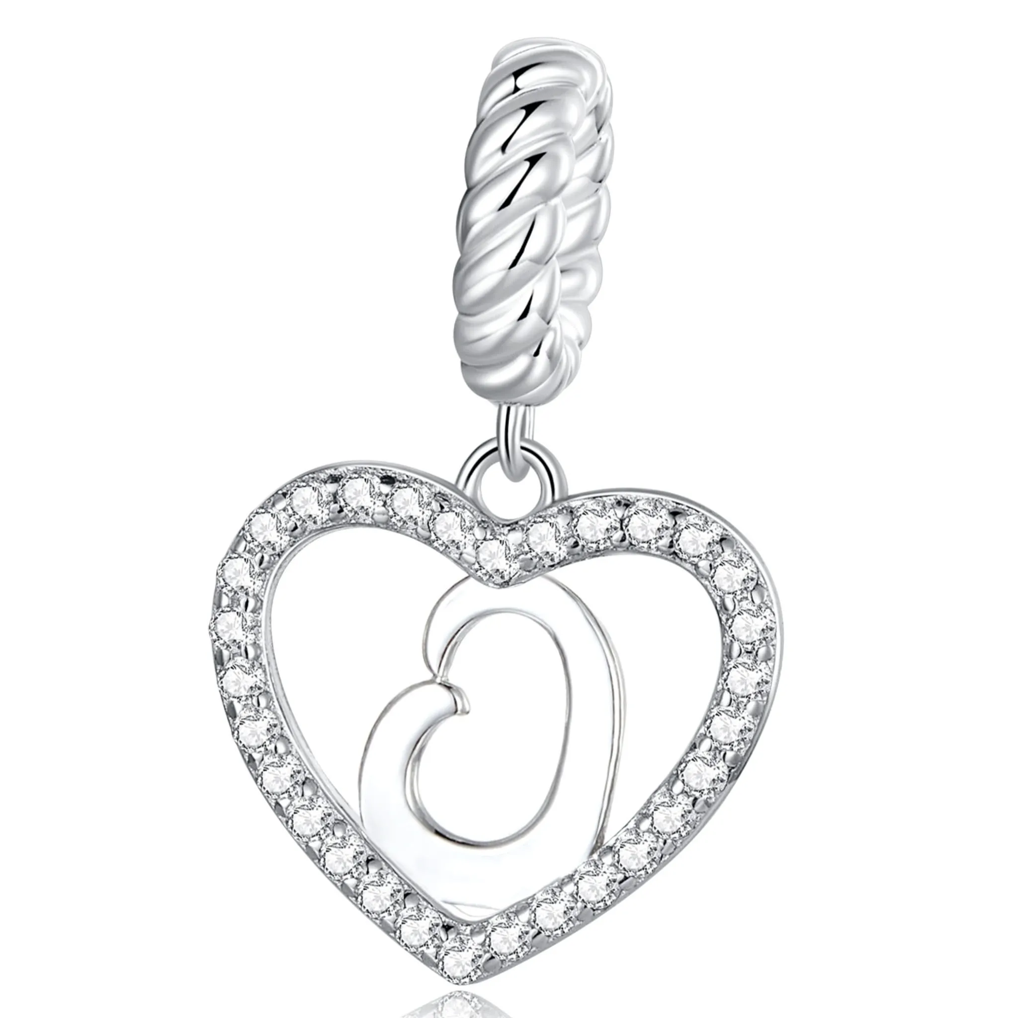 Literka O w serduszku alfabet srebrny charms zawieszka do bransoletki modułowej