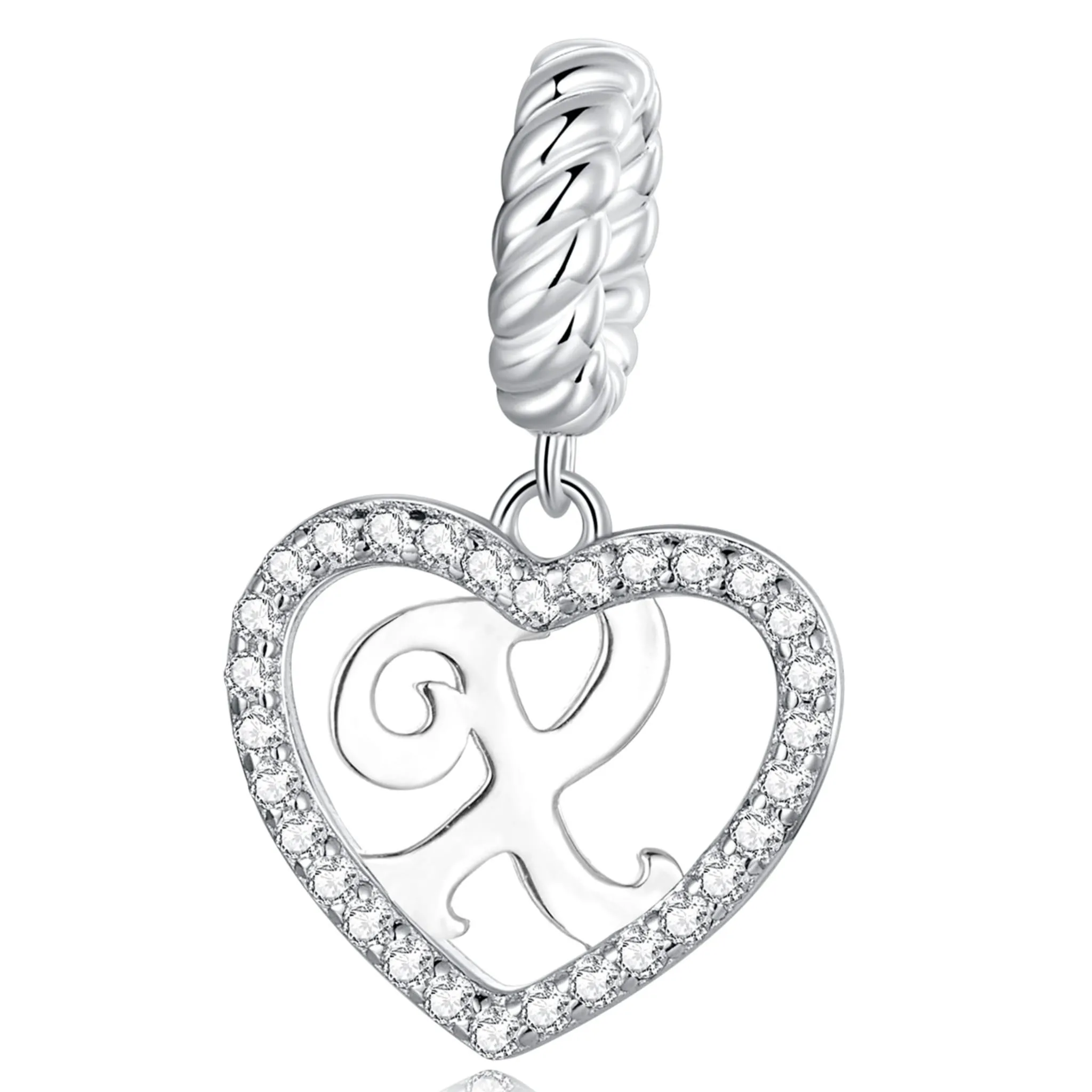 Literka X w serduszku alfabet srebrny charms zawieszka do bransoletki modułowej