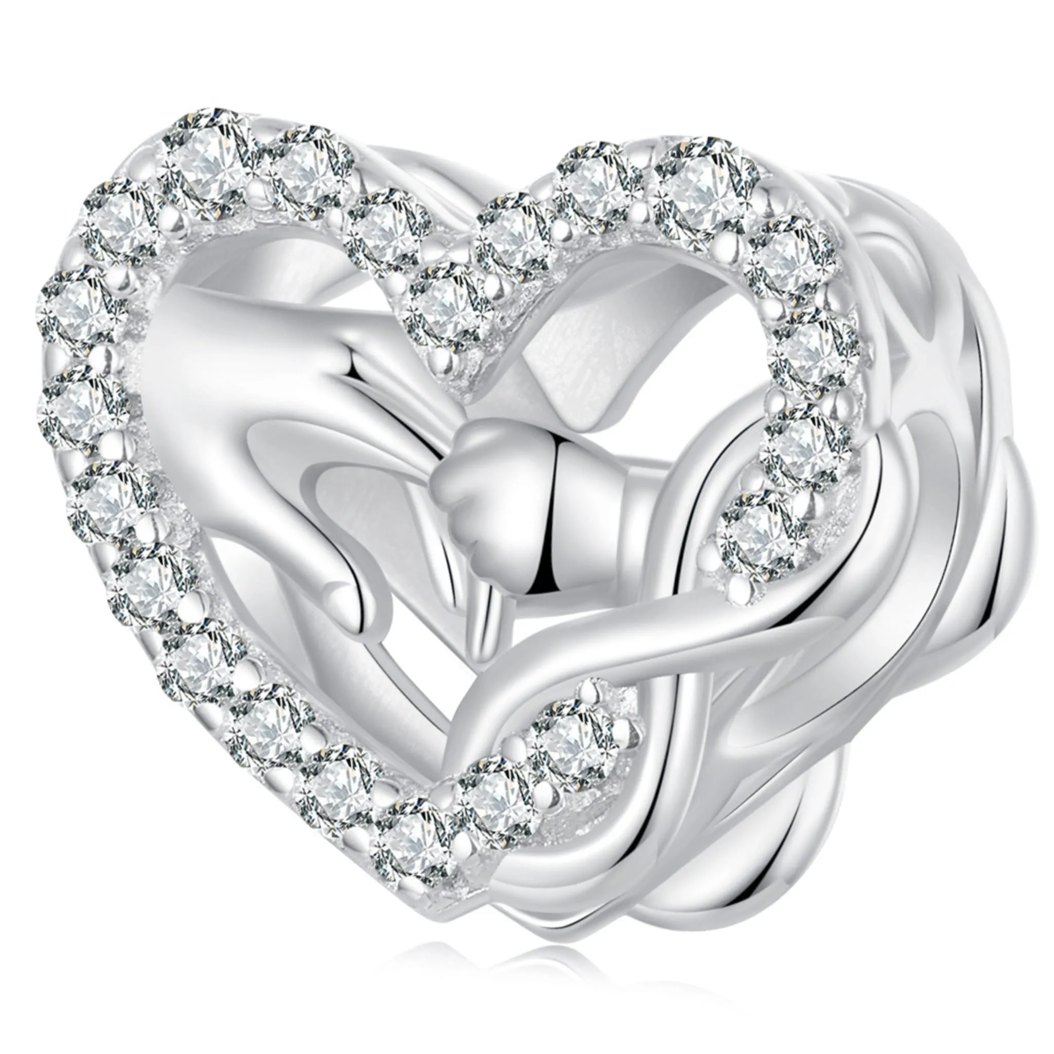 Serduszko dłoń mamy i dziecka z przezroczystymi kryształkami beads srebro 925