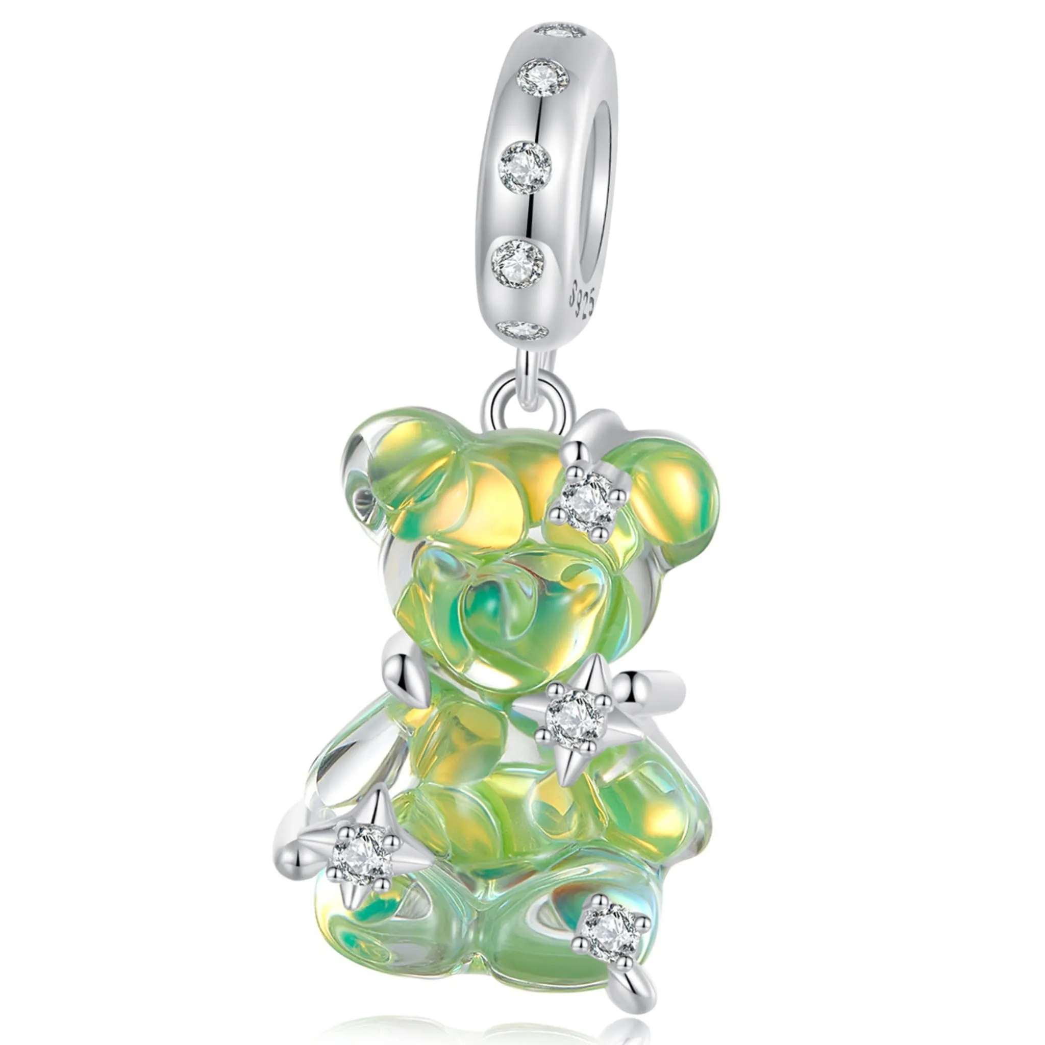 Zielony miś z gwiazdkami srebrny charms zawieszka beads srebro 925
