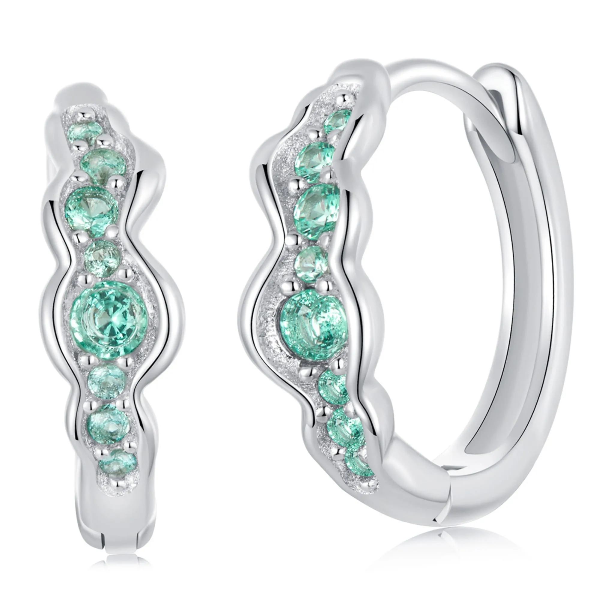 Srebrne koła fale z turkusowymi kryształkami kolczyki zatrzaski srebro 925