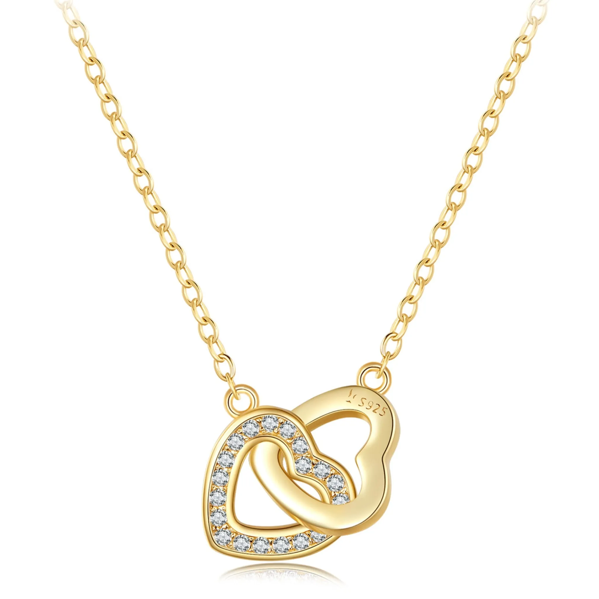 Połączone serca pozłacane z kryształami srebrny klasyczny naszyjnik z regulacją