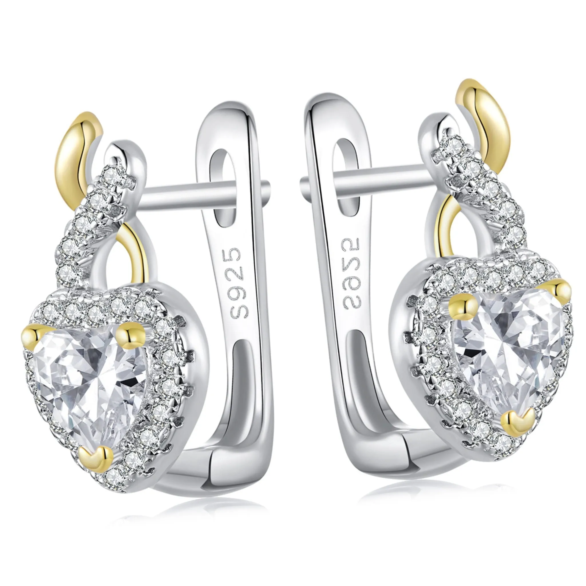 Srebrne pozłacane kolczyki kryształowe serca bigle zamknięte srebro 925