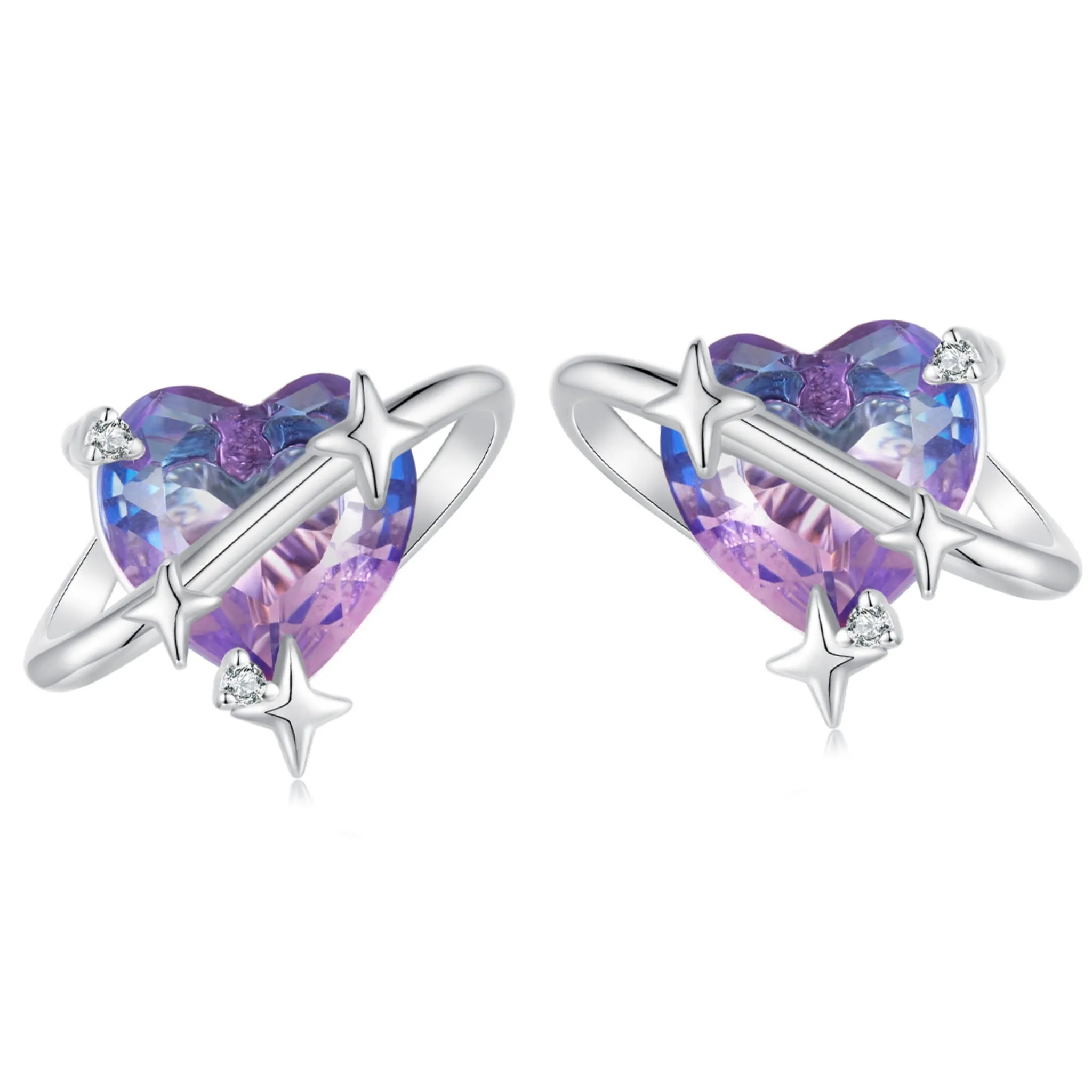 Kryształowe serca ozdobione gwiazdkami srebrne kolczyki sztyfty srebro 925