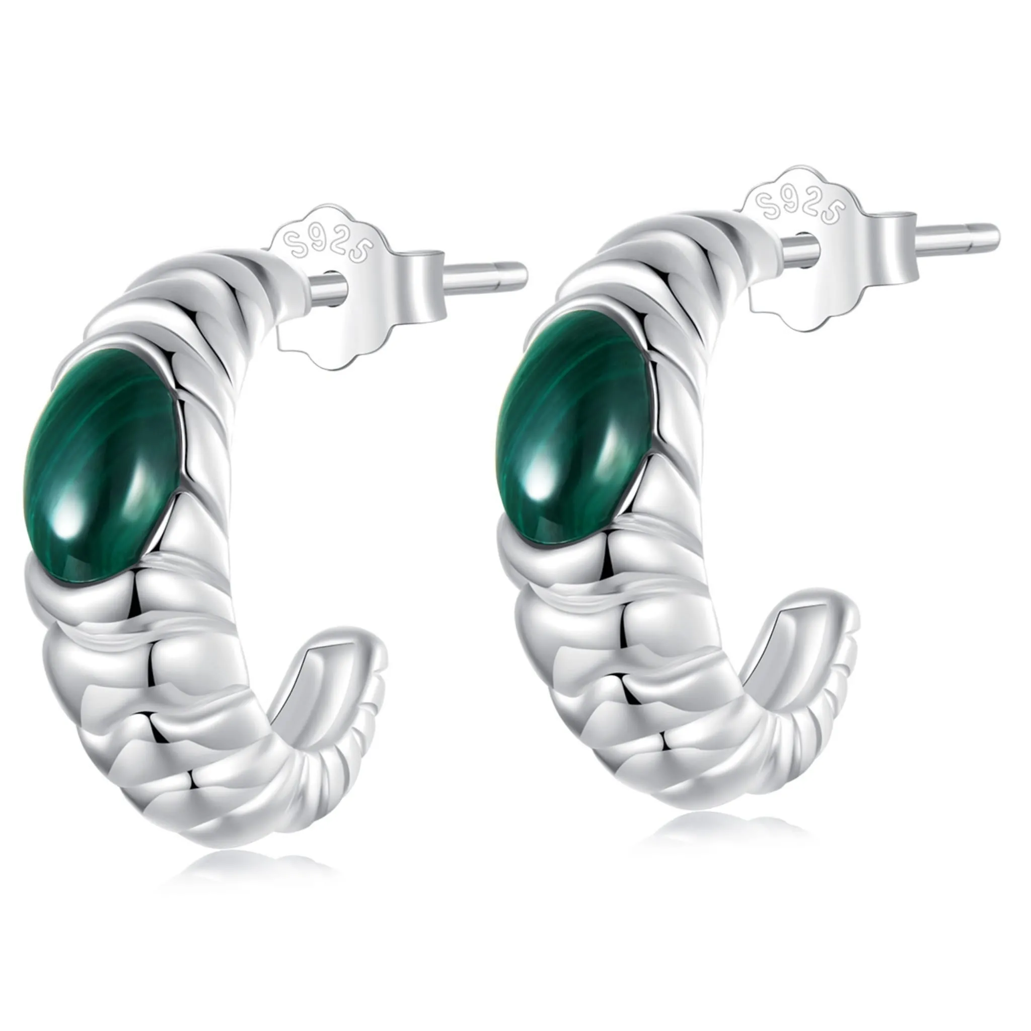 Półkola srebrne kolczyki z zielonymi kamieniami sztyfty srebro 925