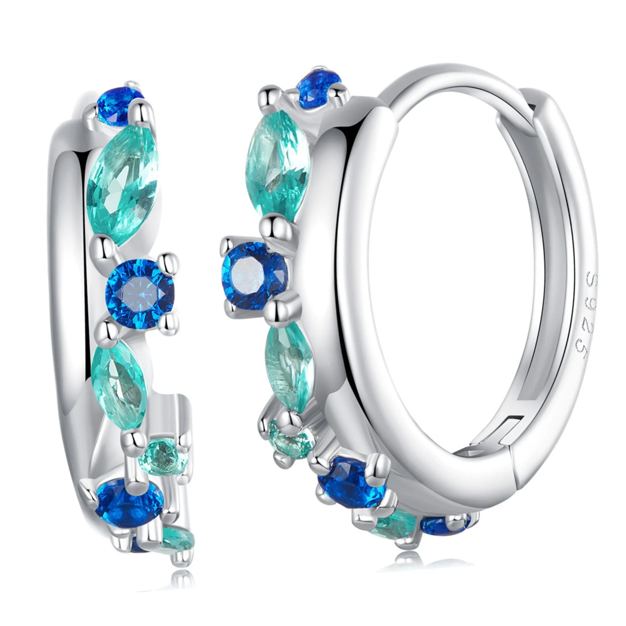 Srebrne koła z granatowymi i morskimi kryształkami kolczyki zatrzaski srebro 925