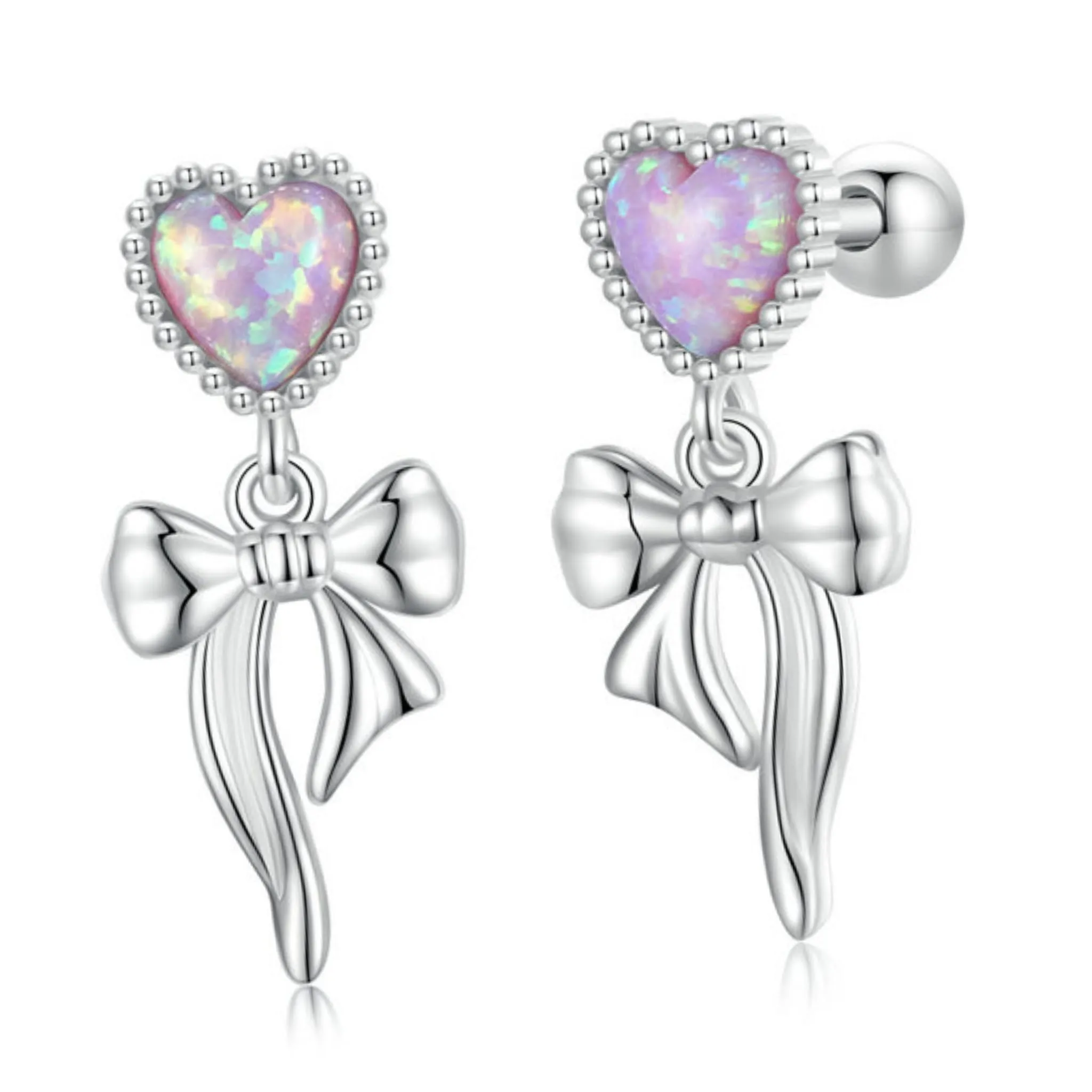 Srebrne kolczyki serca kokardki z opalizujących kryształów sztyfty zakręcane srebro 925