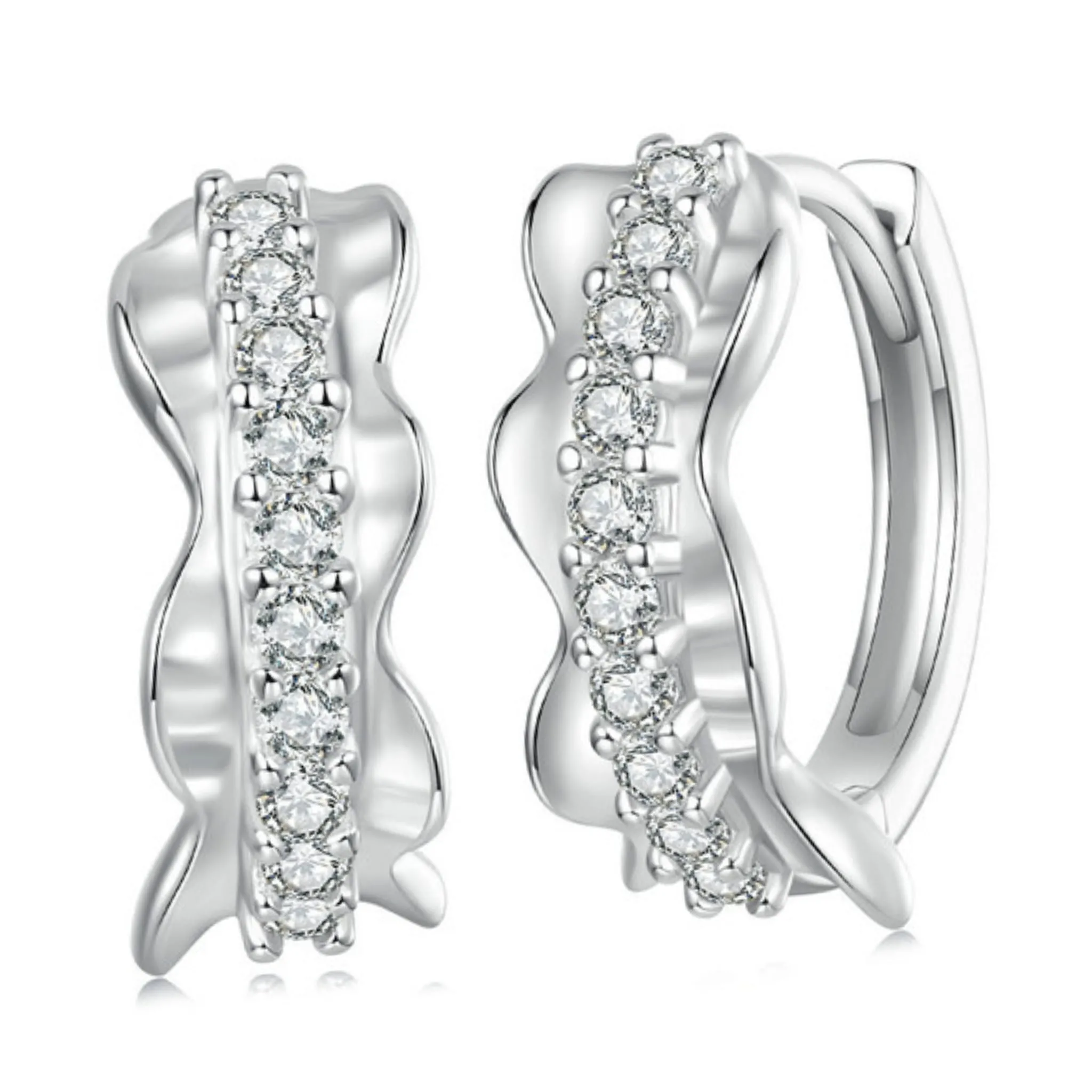 Falowane srebrne koła z ozdobione kryształkami kolczyki zatrzask