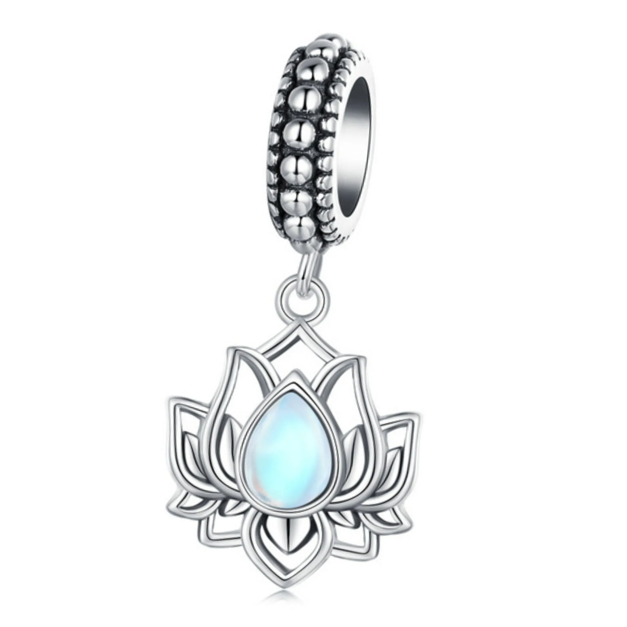 Kwiat lotosu z opalizującym kryształem srebrna zawieszka koralik beads