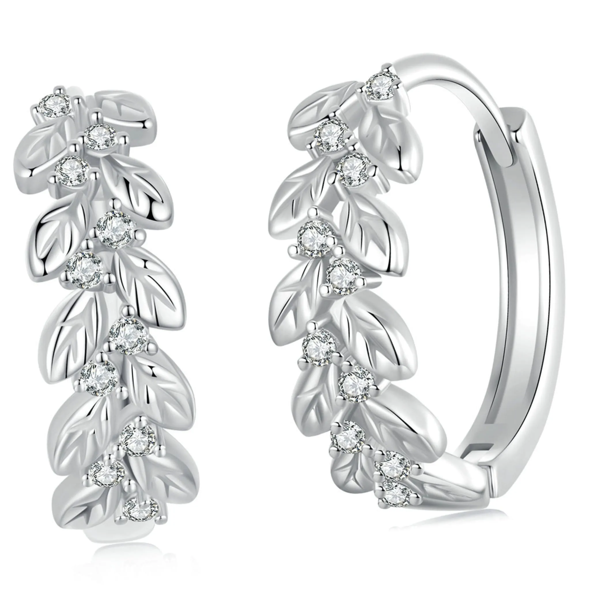 Koła z listkami i kryształkami srebrne kolczyki zatrzask srebro 925