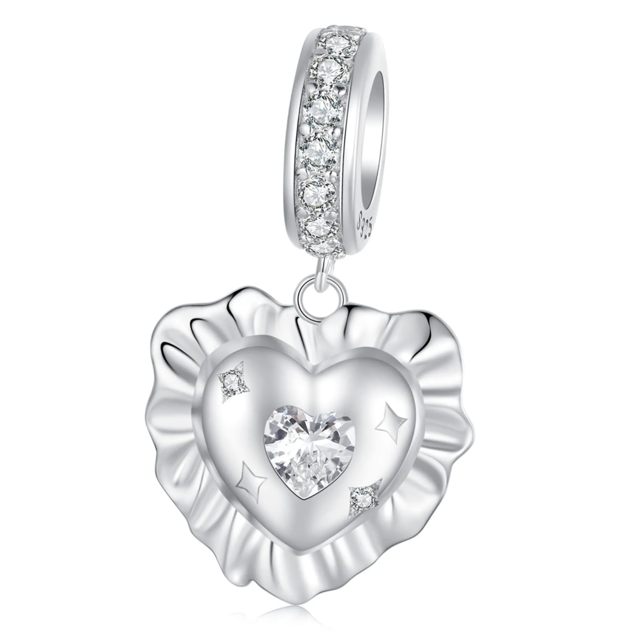 Serduszko z falbanką ozdobione kryształkami srebrny charms zawieszka srebro 925