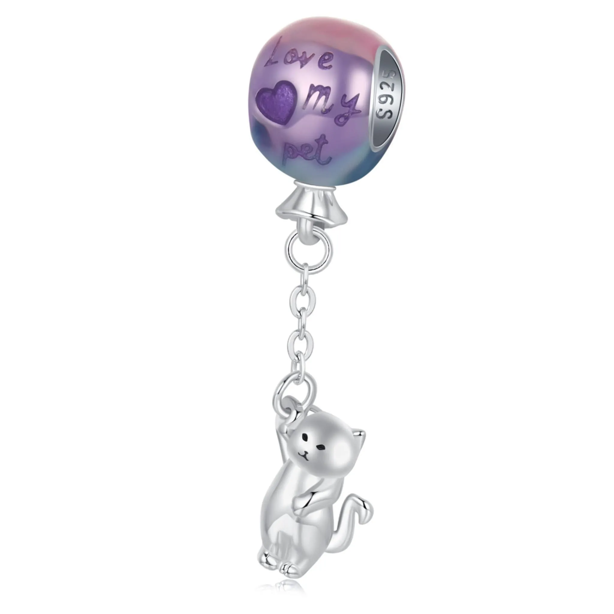 Kotek trzymający balon srebrny charms koralik srebro 925 beads