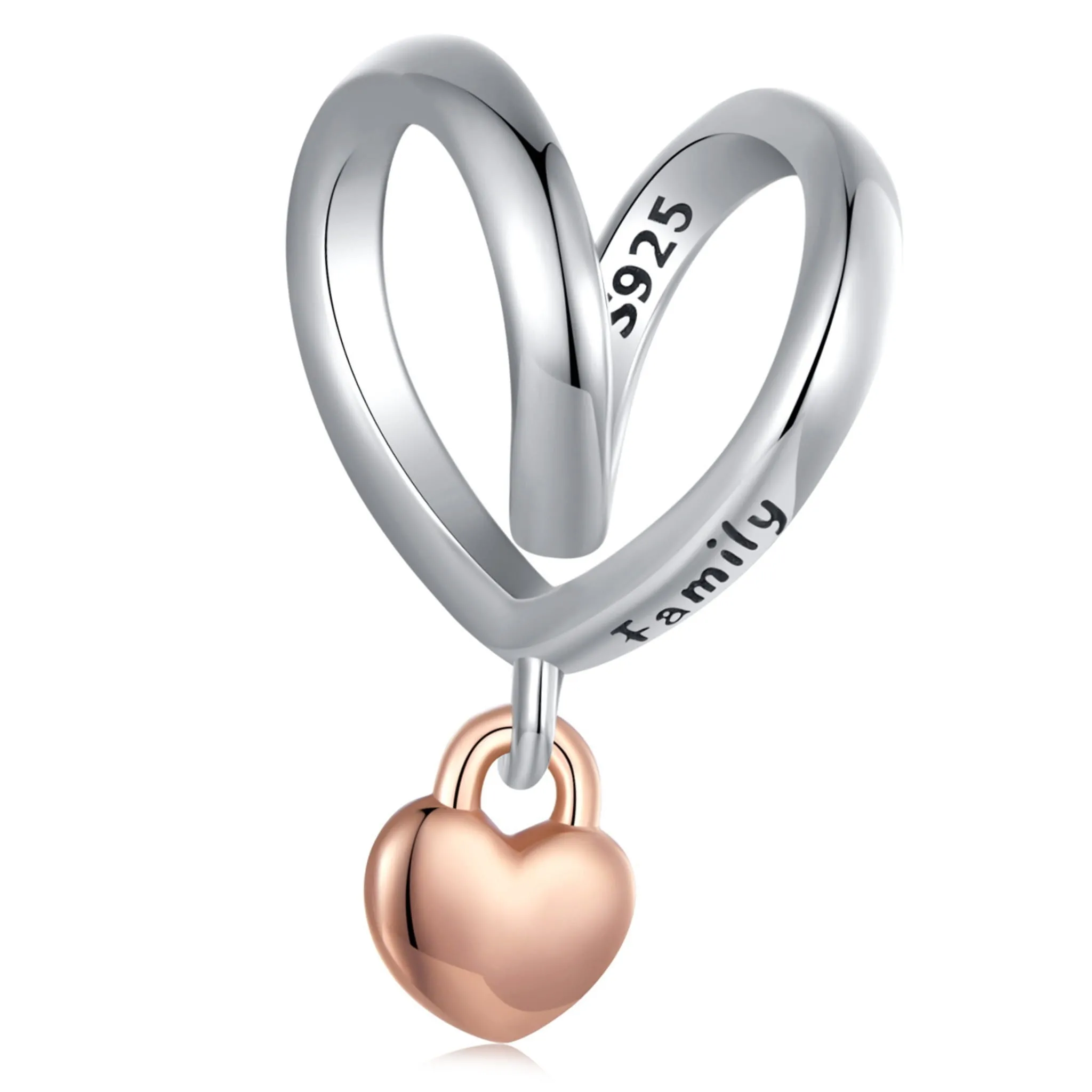 Srebrny charms pozłacany serduszko z grawerem ,,Family" koralik srebro 925 beads