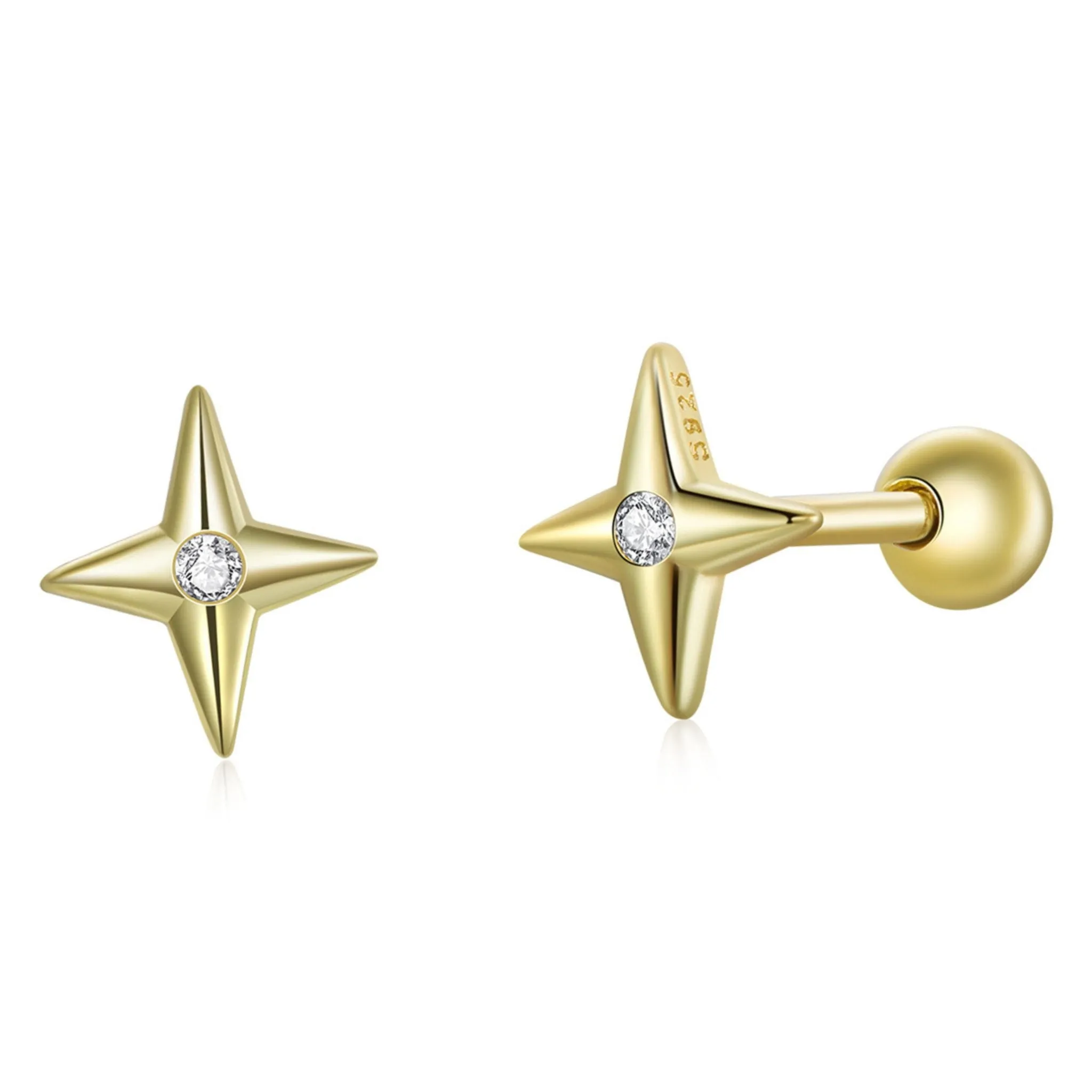 Pozłacane kolczyki ze srebra gwiazdy polarne z kryształkiem sztyfty zakręcane srebro 925