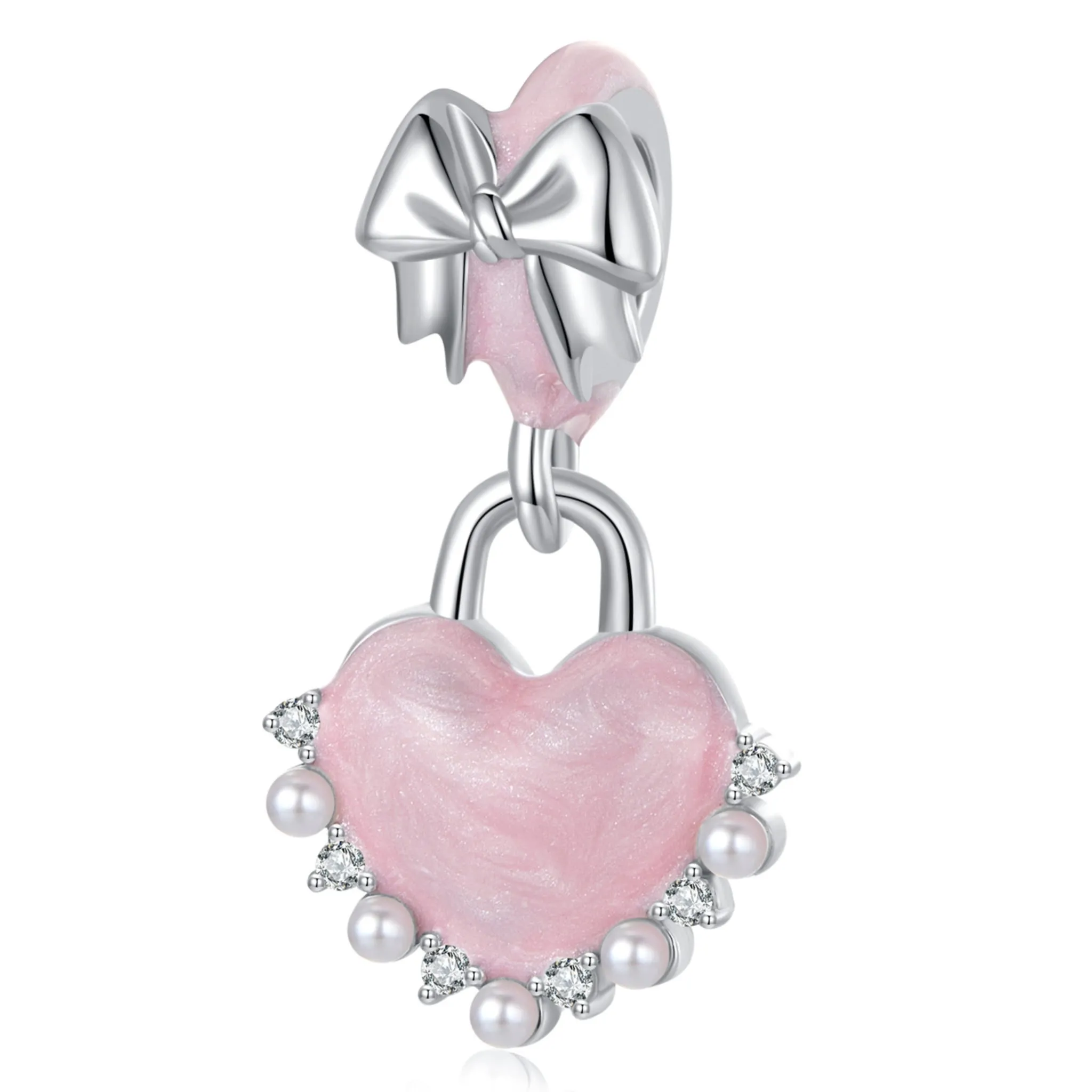 Srebrna zawieszka różowe serduszko z kryształami i perełkami beads koraliki srebro 925