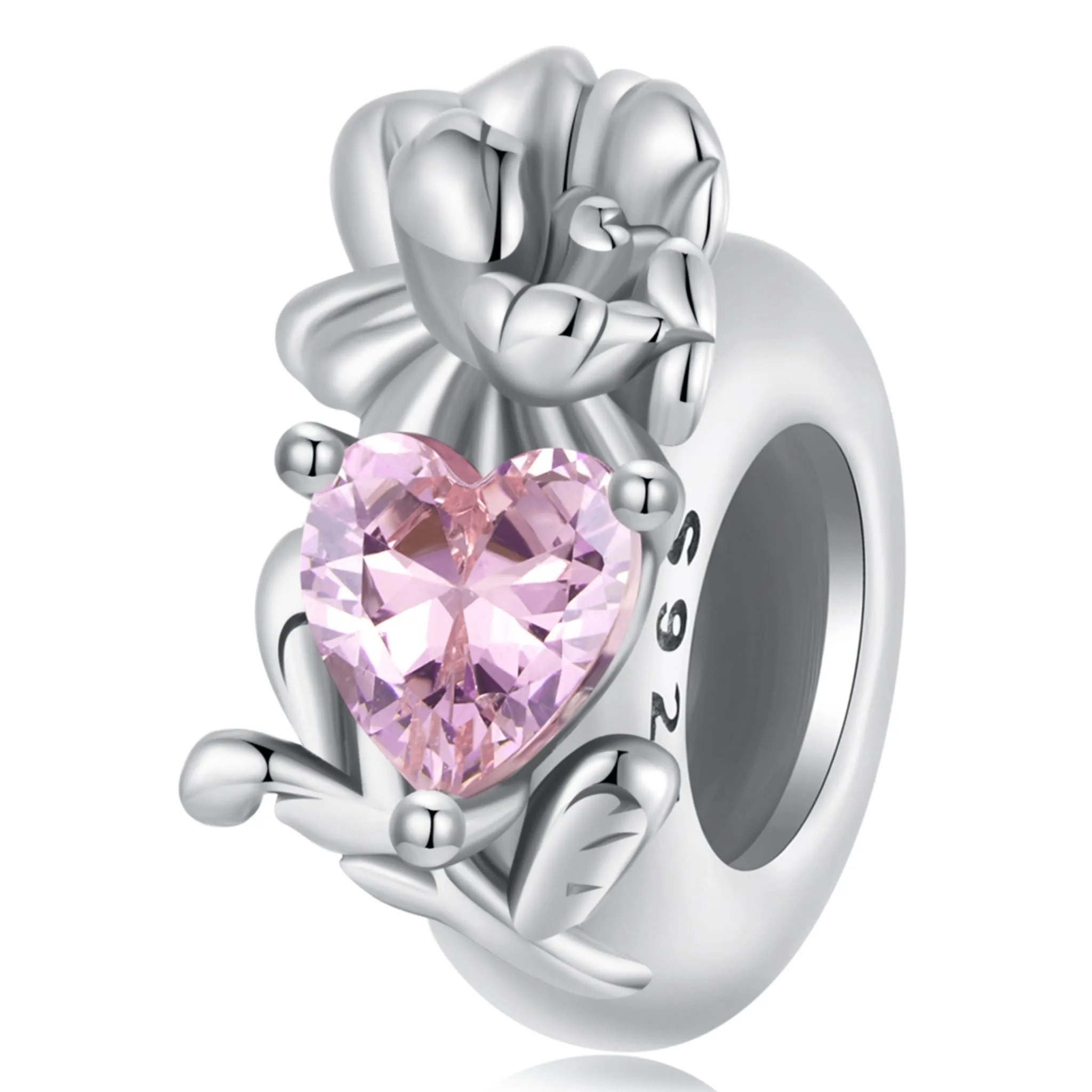 Srebrny stoper charms różowe serce i kwiat nagietka stoper do bransoletki srebro 925