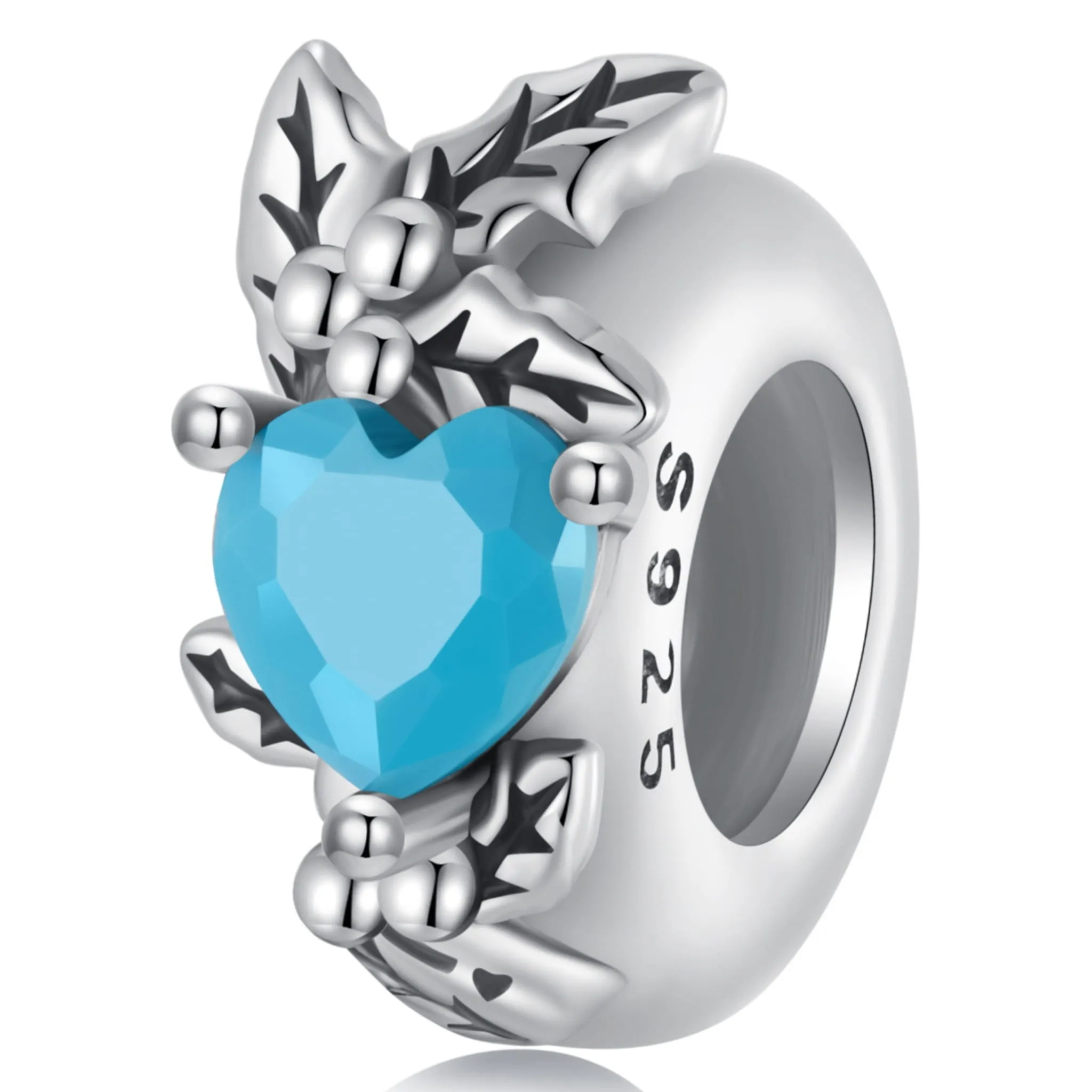 Srebrny stoper charms błękitne serce z listkami stoper do bransoletki srebro 925