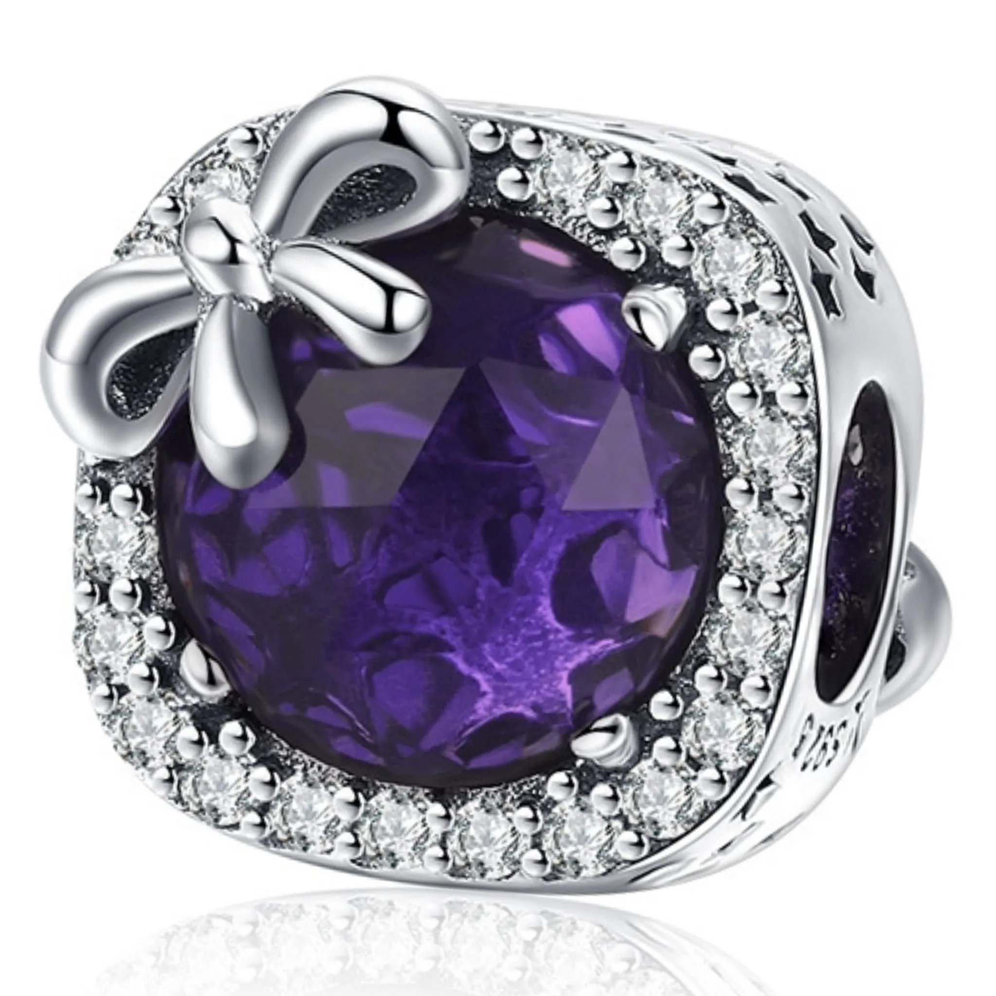 Srebrny charms fioletowy kryształ ozdobiony kokardką koralik beads