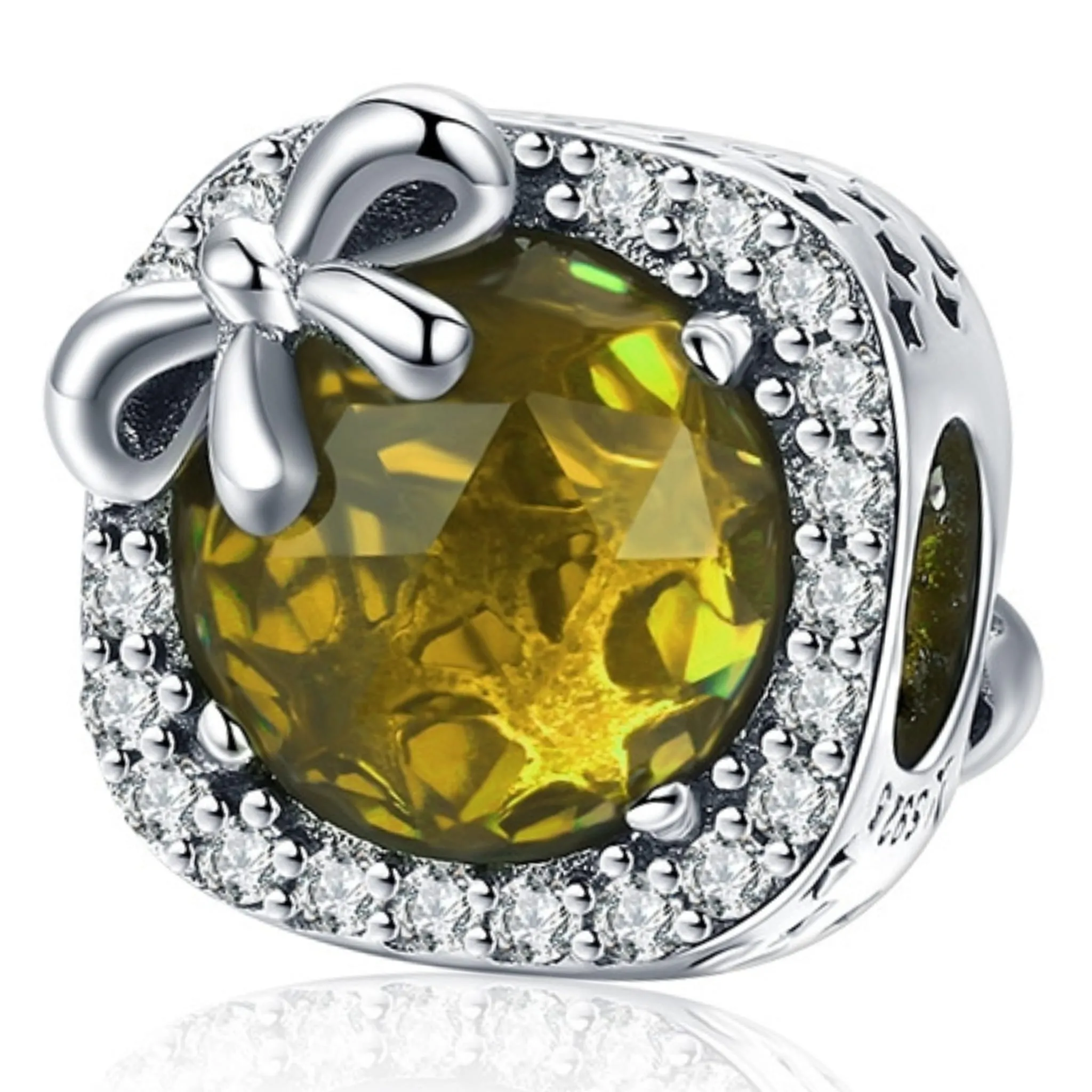 Srebrny charms żółty kryształ ozdobiony kokardką koralik beads