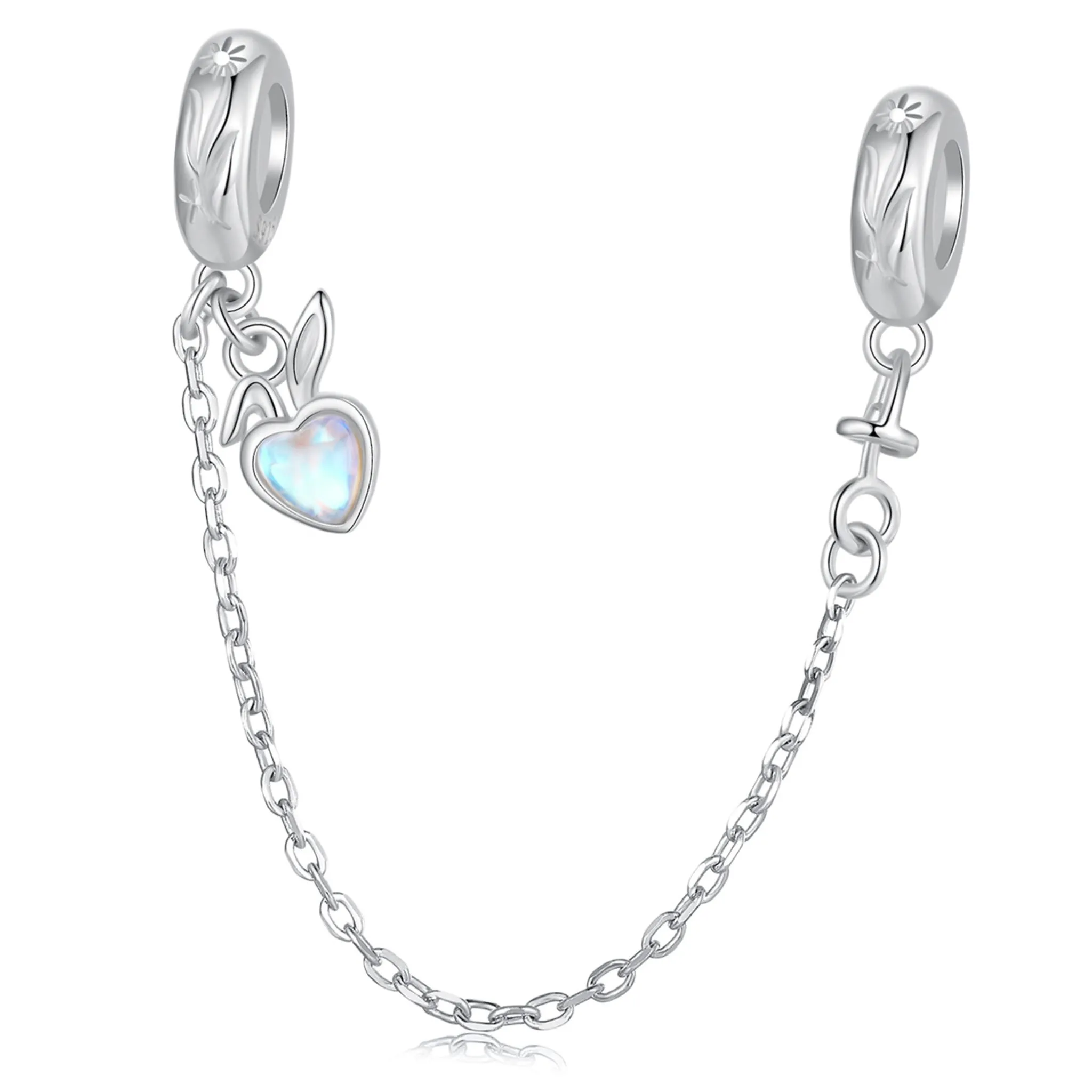 Łańcuszek zabezpieczający serce z króliczymi uszami podwójny stoper charms srebro 925