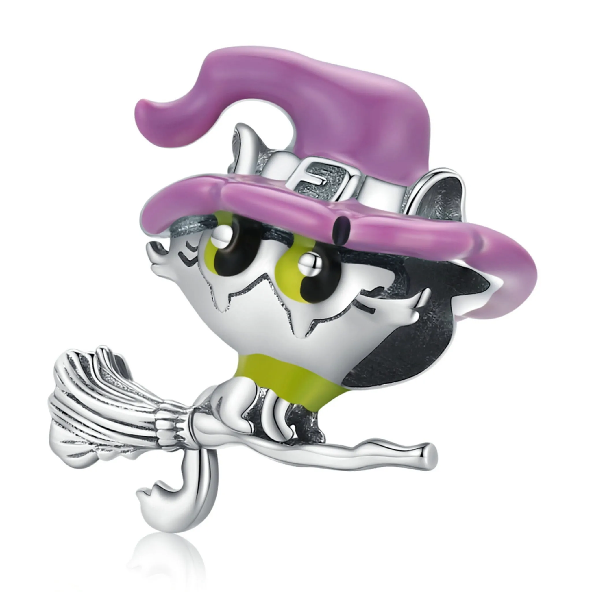 Srebrny charms kotek na miotle z kapeluszem czarownicy beads srebro 925