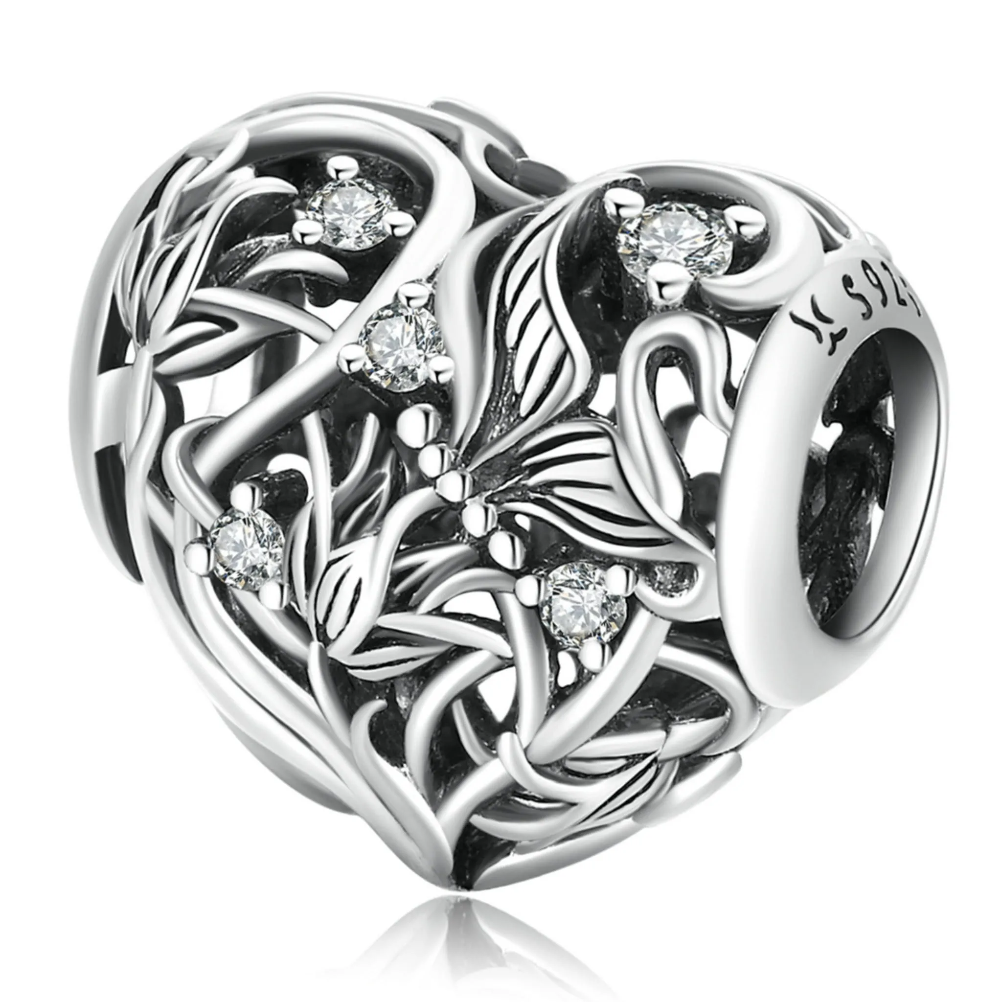 Srebrny charms serce z roślin i motylków beads srebro 925 koralik