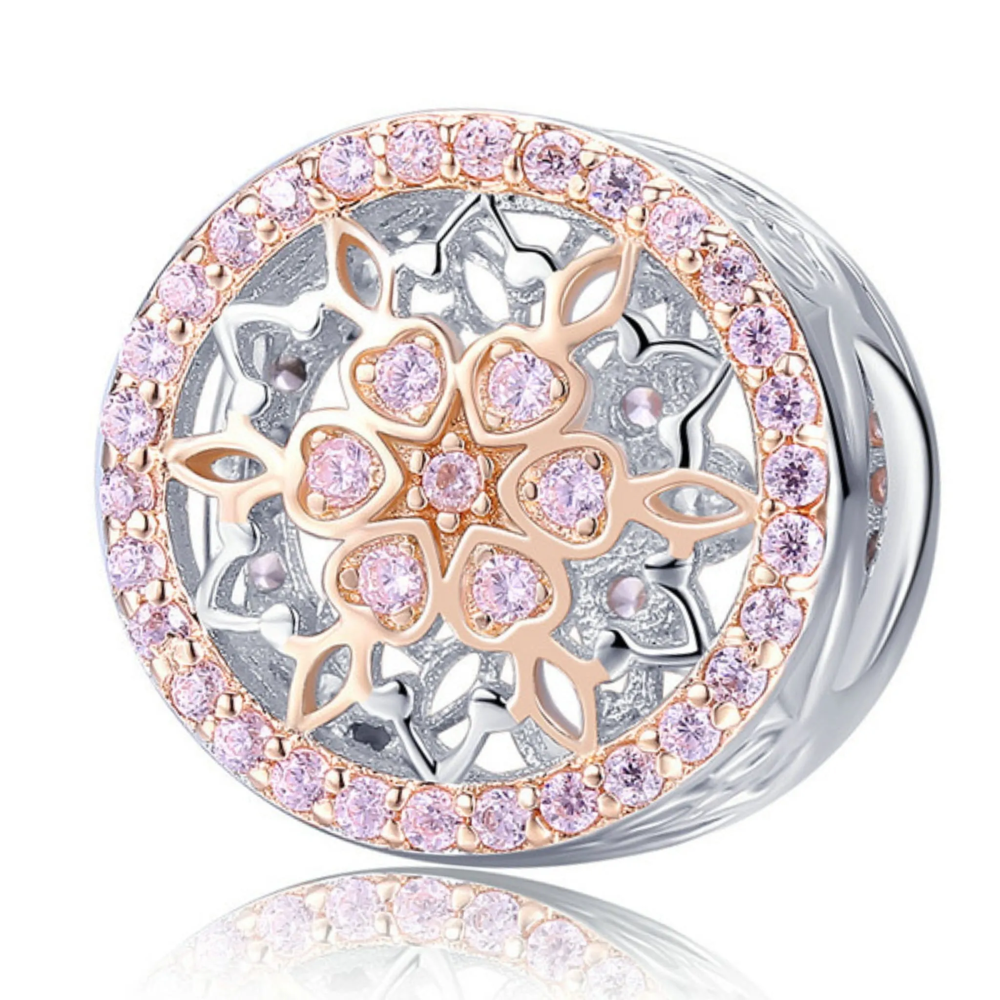 Srebrny charms różowy kryształowy kwiatek pozłacany beads srebro 925