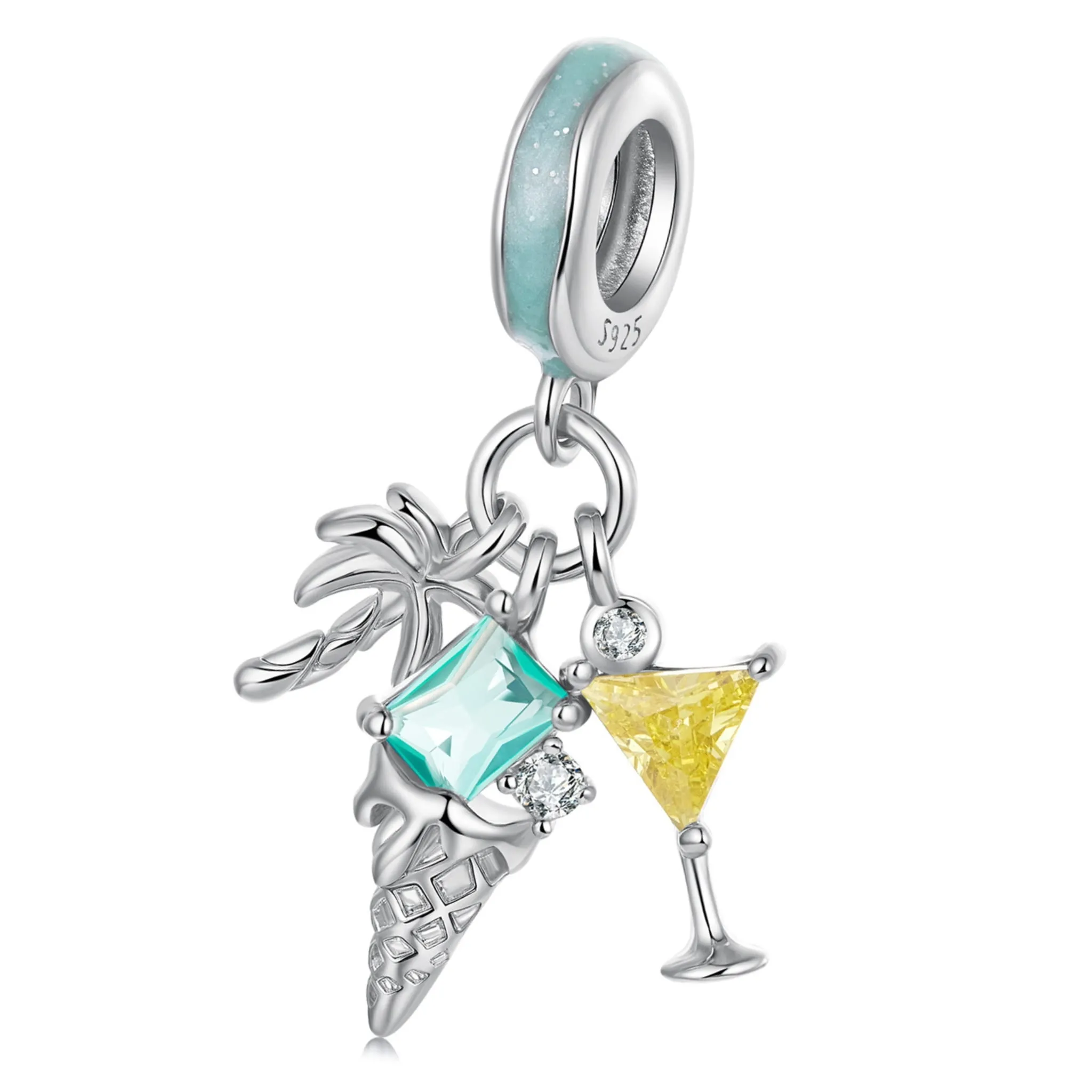 Charms ze srebra zestaw wakacyjny drink, lód, palemka srebro 925 zawieszka do bransoletki