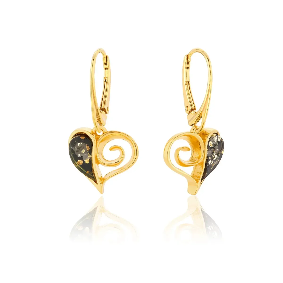 Kolczyki wiszące srebrne pozłacane serduszka z zielonym bursztynem Rea Hearts