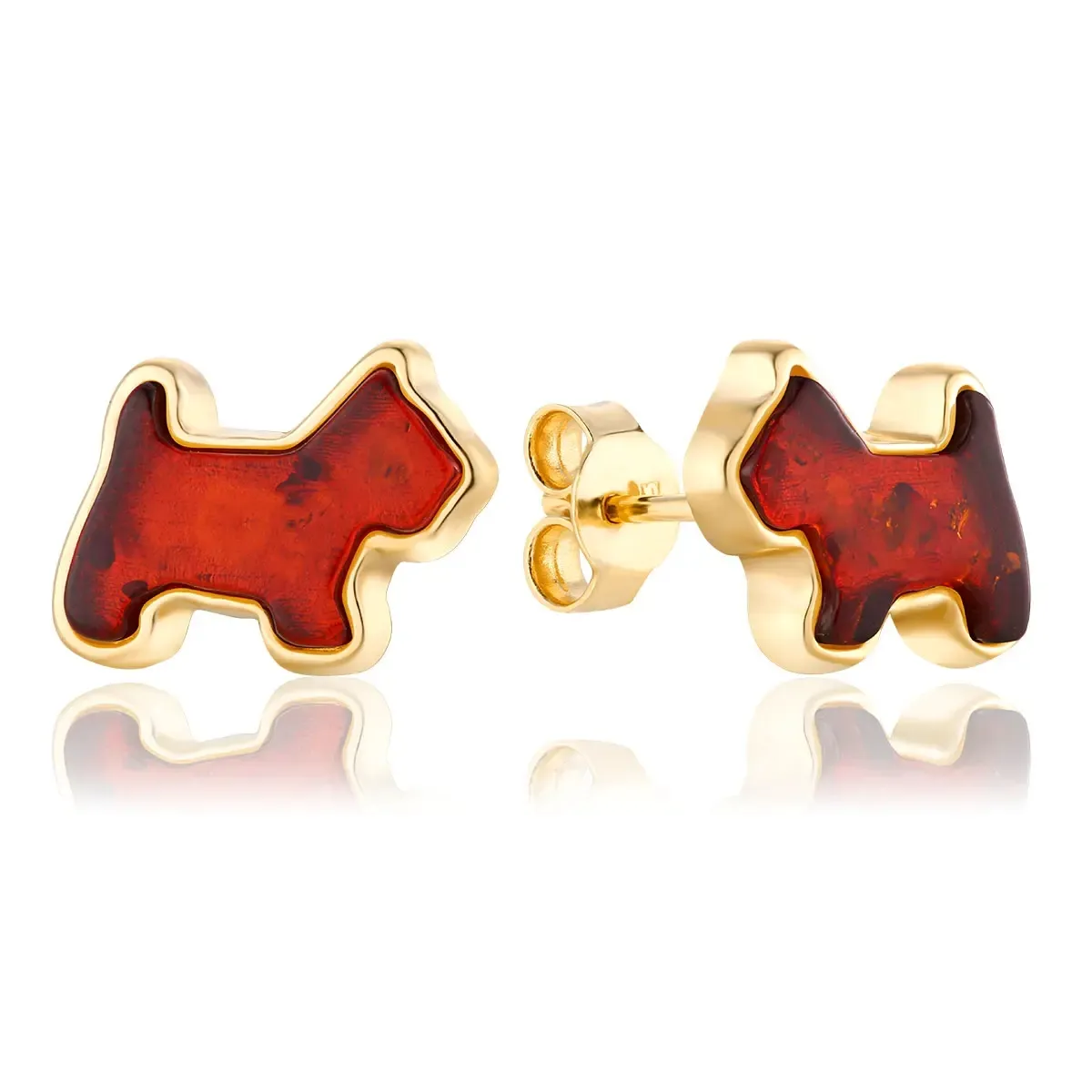 Kolczyki na sztyft srebrne pozłacane pieski z koniakowym bursztynem Doggies