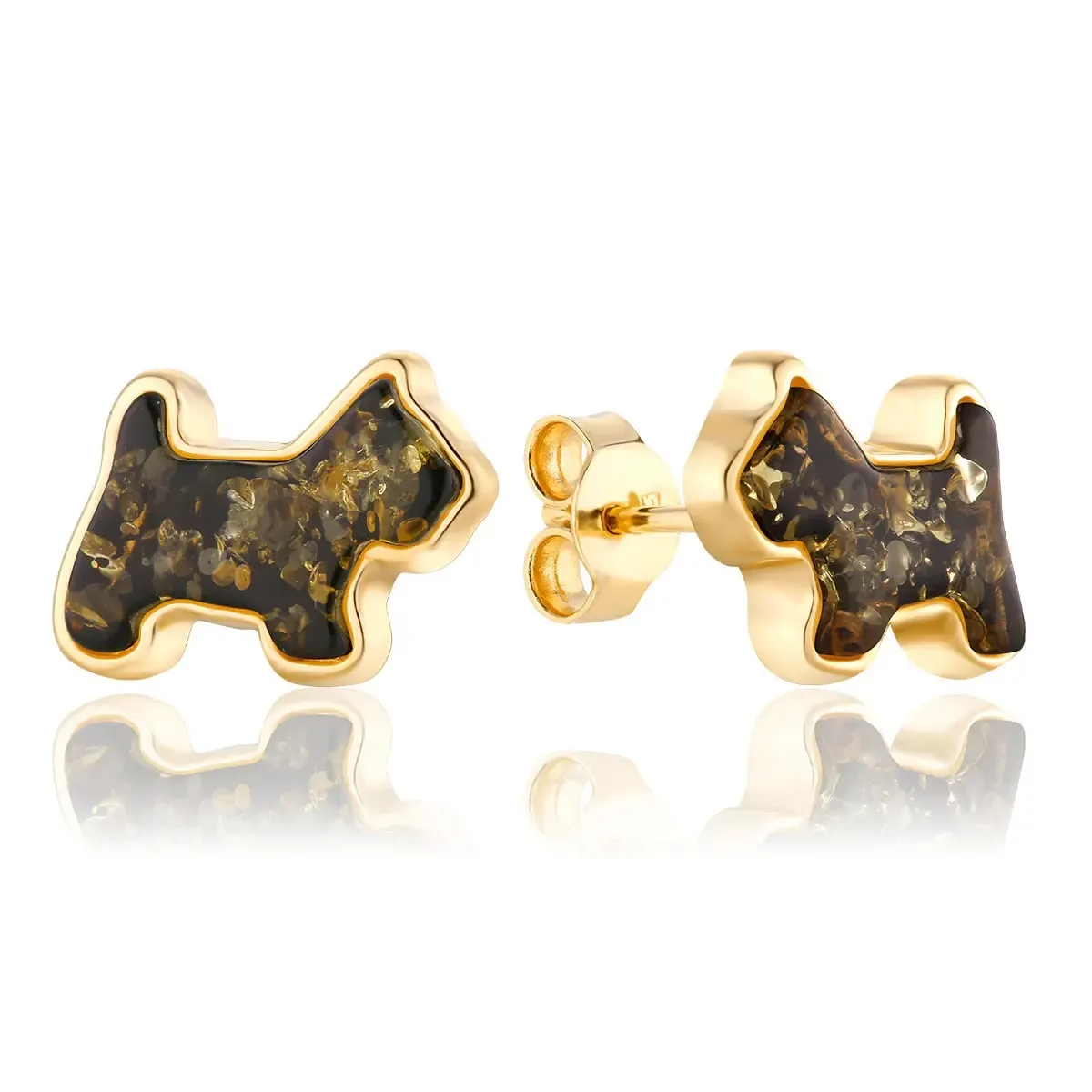Kolczyki na sztyft srebrne pozłacane pieski z zielonym bursztynem Doggies