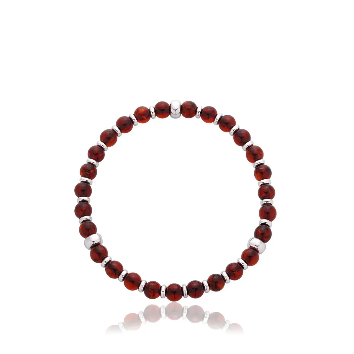 Bransoletka srebrna na gumce kulka z wiśniowym bursztynem