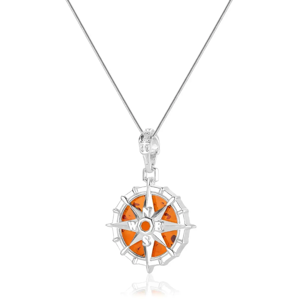 Zawieszka srebrna róża wiatrów z koniakowym bursztynem
