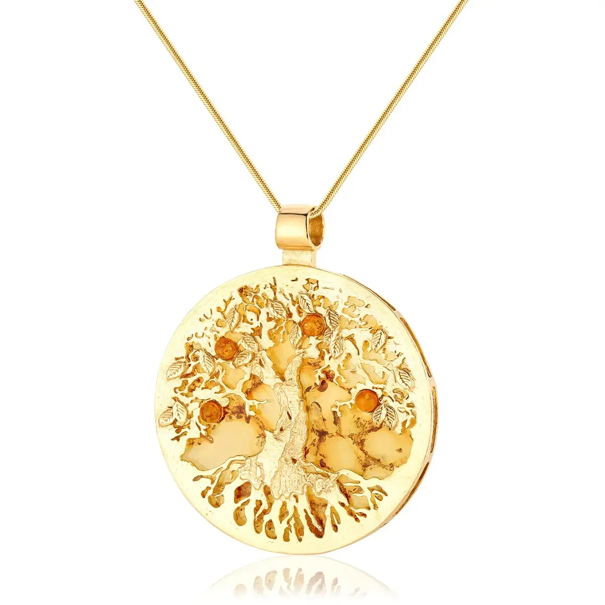 Wisiorek srebrny pozłacany drzewo życia z koniakowym bursztynem Big Tree of Life