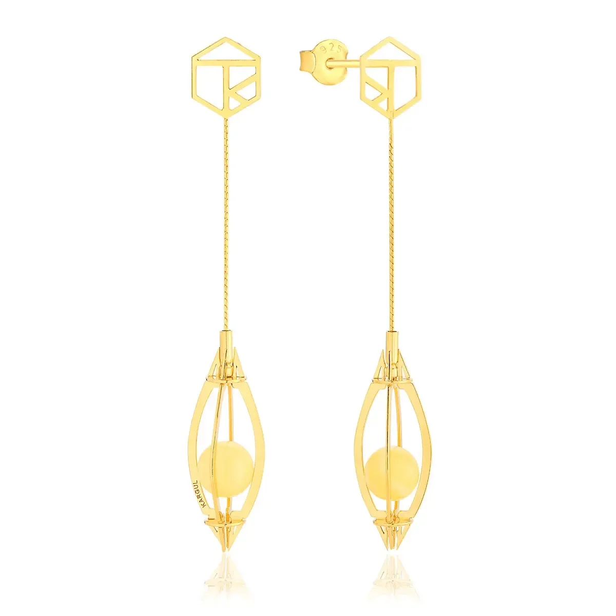 Kolczyki wiszące srebrne pozłacane z mlecznym bursztynem Qlka