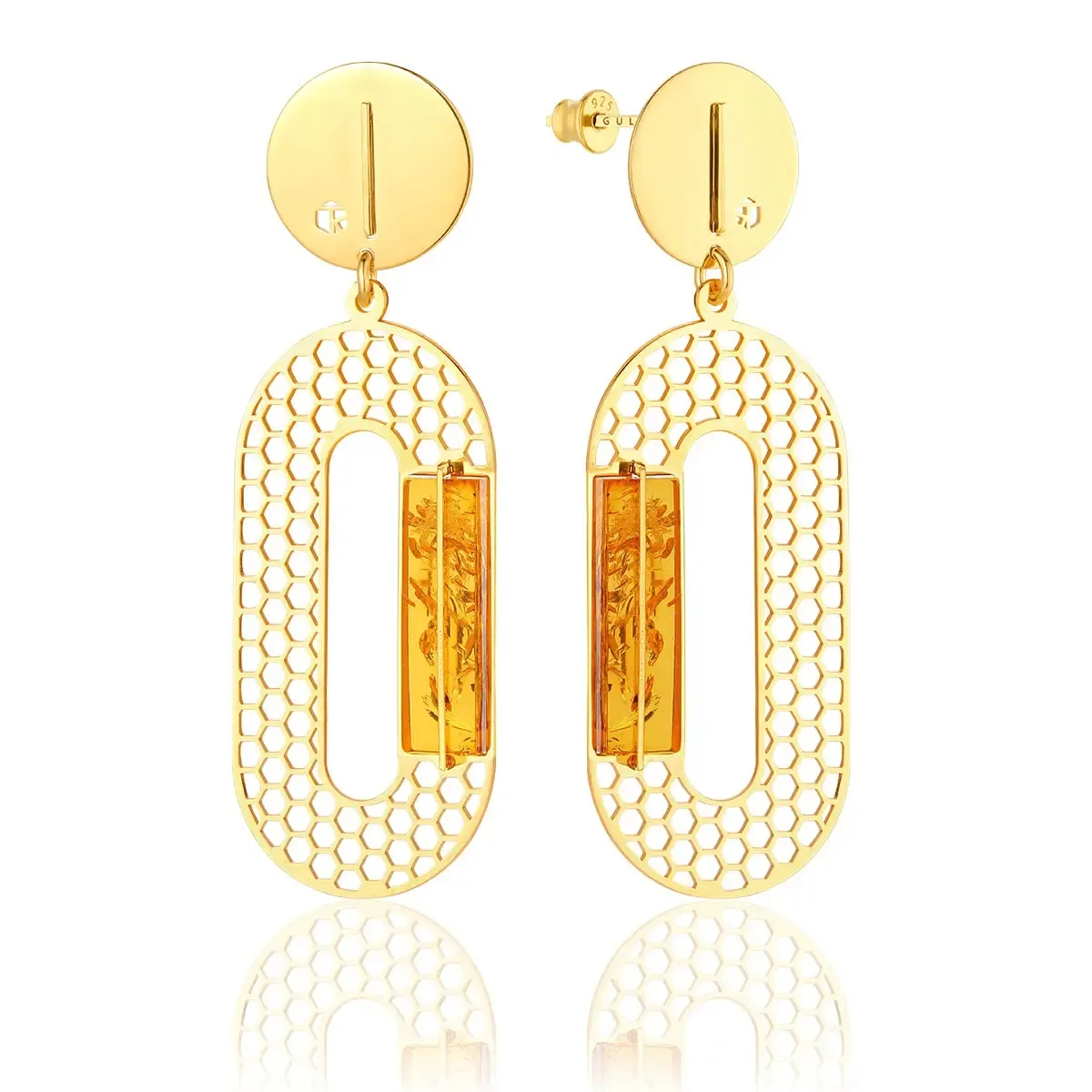 Kolczyki wiszące na sztyft srebrne pozłacane z koniakowym bursztynem Tor