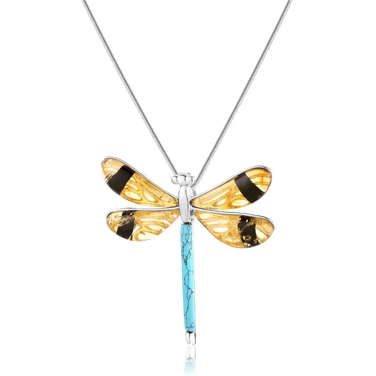 Zawieszka srebrna ważka z bursztynem cytrynowym i turkusem