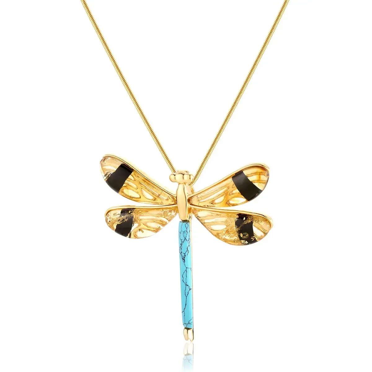 Zawieszka pozłacana ważka z bursztynem cytrynowym i turkusem