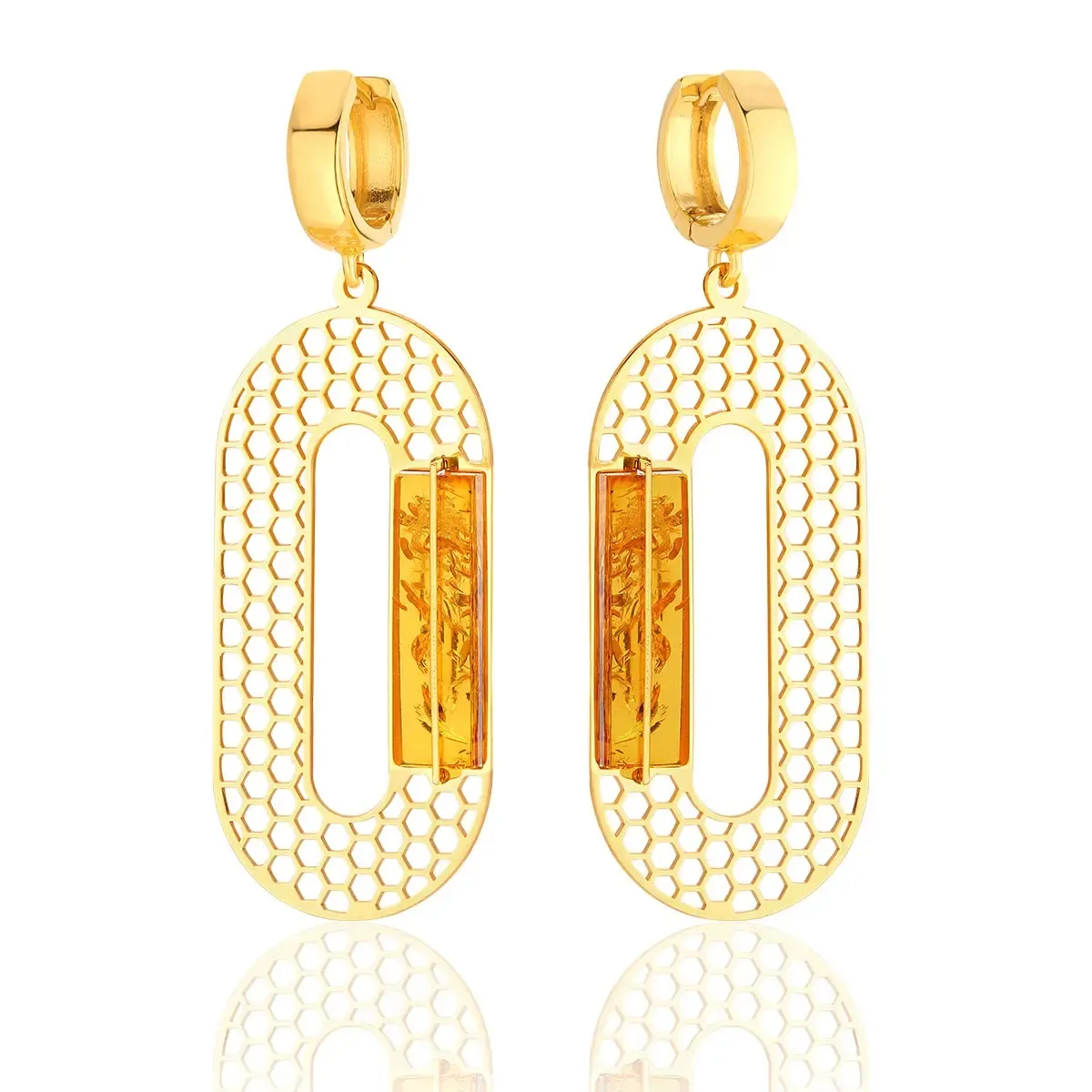 Kolczyki wiszące srebrne pozłacane z koniakowym bursztynem Tor