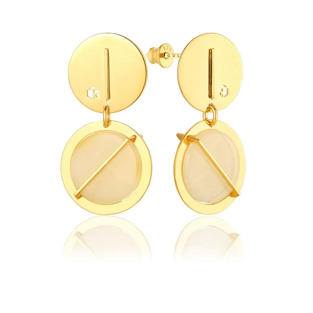 Kolczyki wiszące na sztyft srebrne pozłacane z mlecznym bursztynem Rondo