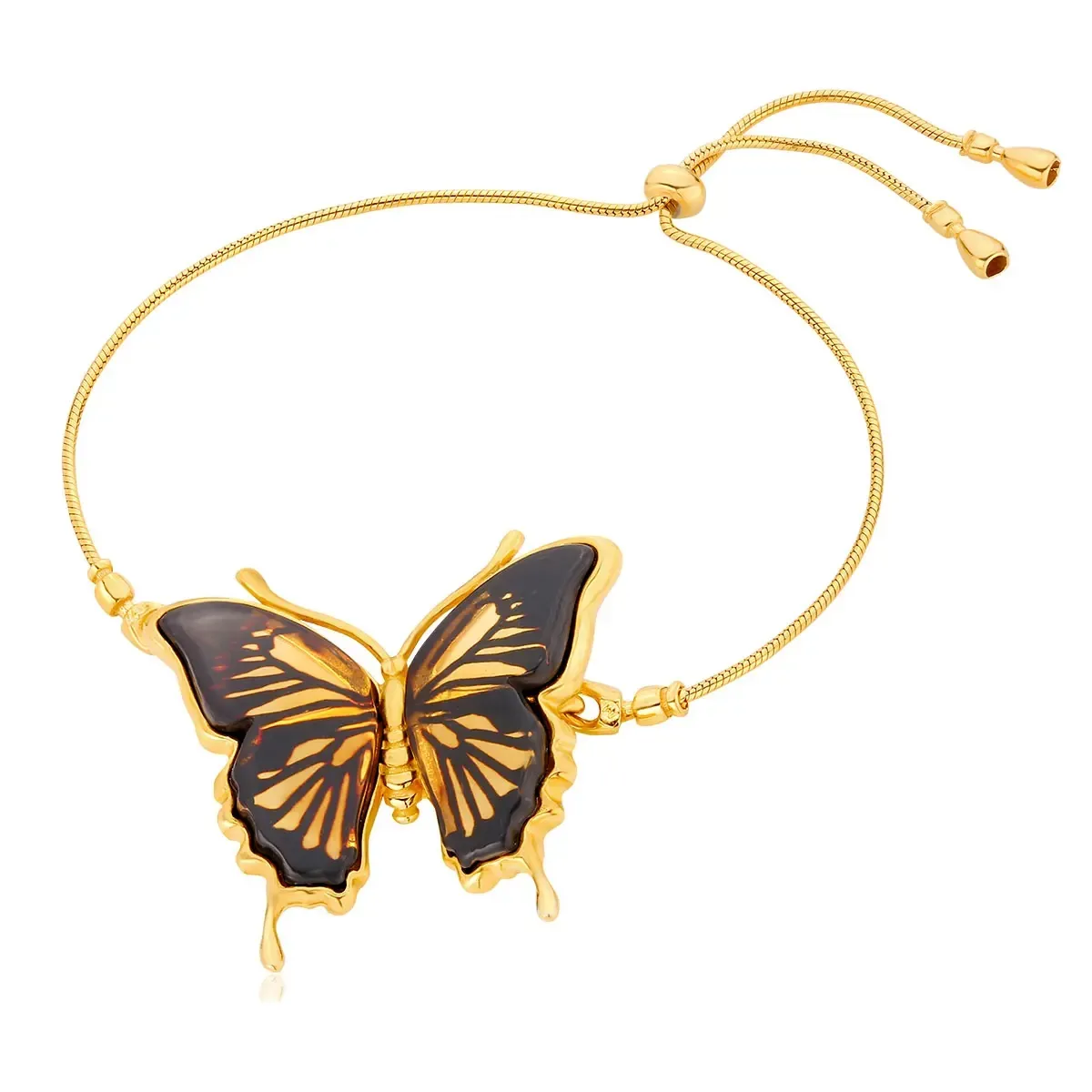 Bransoletka srebrna pozłacana motyl z bursztynem Butterfly Touch