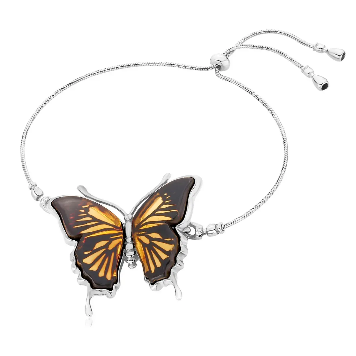 Bransoletka srebrna motyl z bursztynem Butterfly Touch