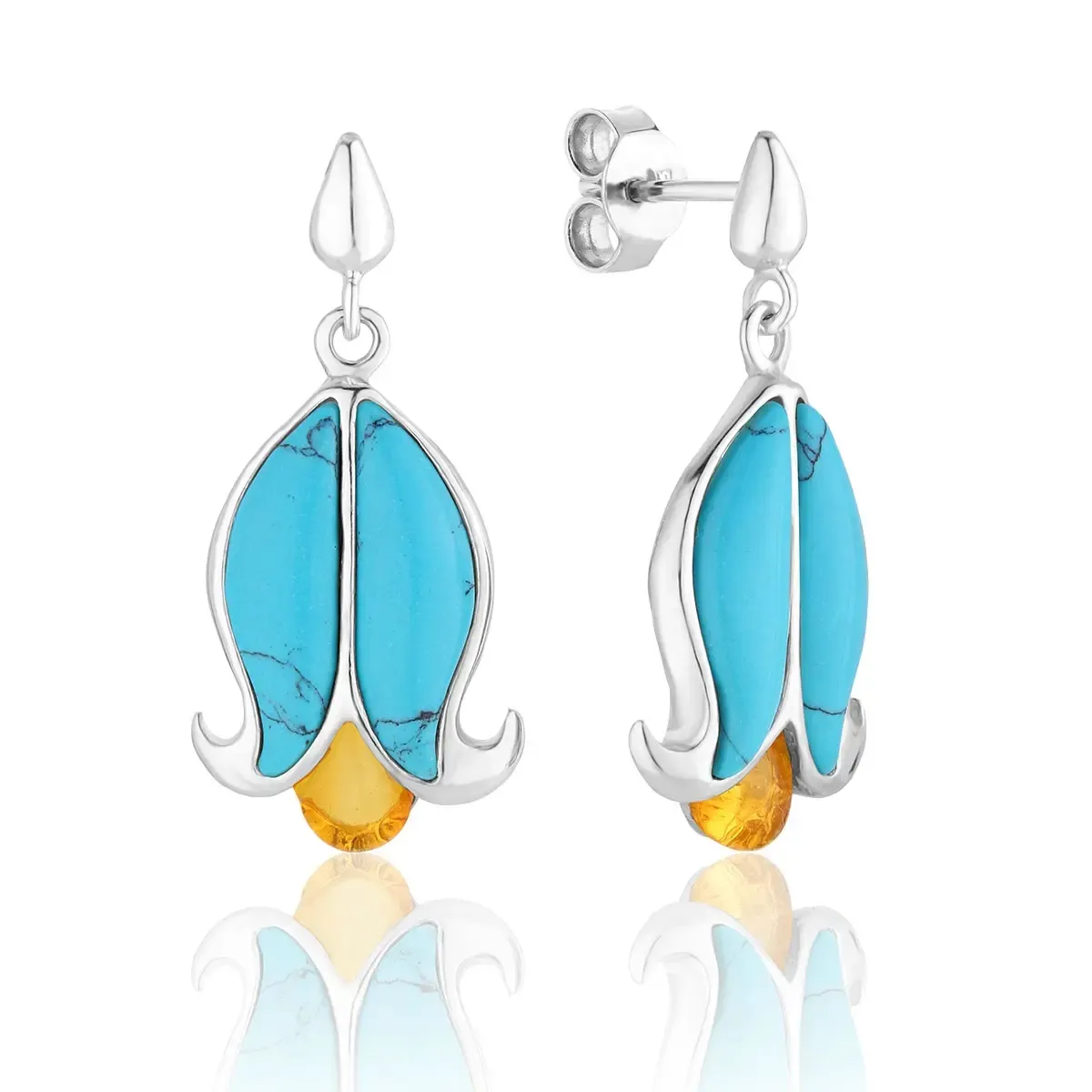 Kolczyki srebrne krokusy z bursztynem i turkusem