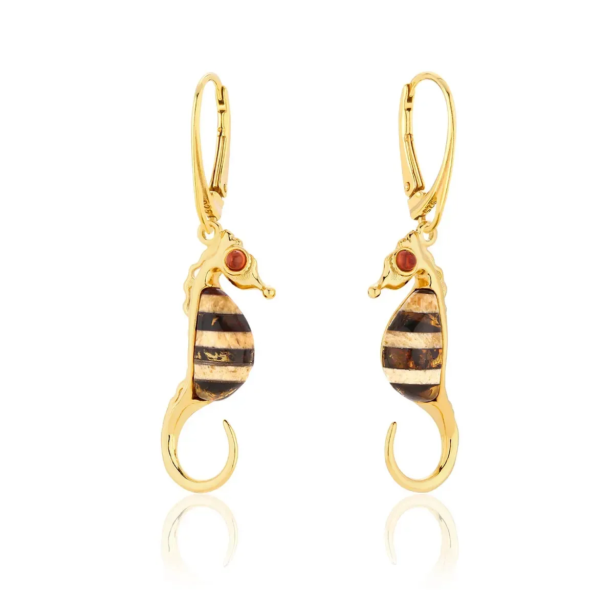 Kolczyki srebrne pozłacane koniki morskie z bursztynem Seahorses
